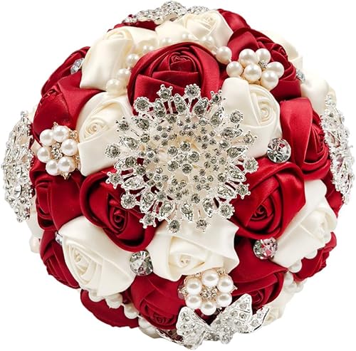 Abbie Home Ramo de boda de novia de 8 pulgadas en color burdeos, rosas de satén blanco con perlas, broches de diamantes de imitación accesorios