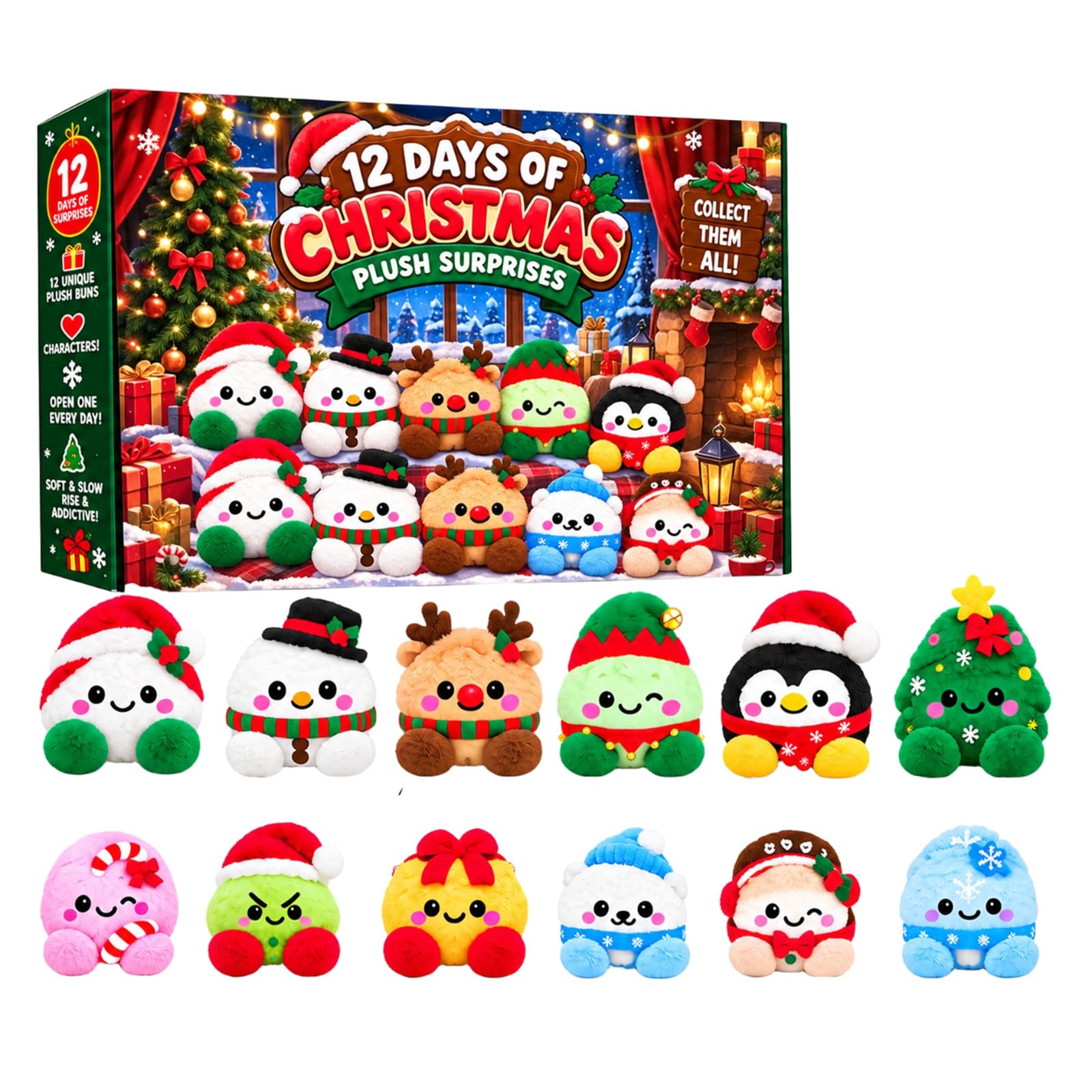 Dumpling Adventskalender, 12 Stück, 6 cm Dumpling Plüschtier Weihnachten | Dumpling Adventskalender, 12 Stück, 6 cm, Plüschtier, Weihnachtsdeko, Anti-Stress, Langsames Zurückfedern, Tragbar