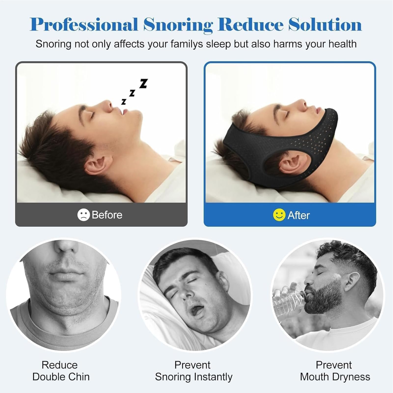 Barbilla para Ronquidos Correa Antironquidos,Antirronquidos Eficaz, Ajustable, Suave y Transpirable | Solución para Dormir sin Roncar | para Hombres, Mujeres, Amigos, Viajes, Viajes de Negocios, Parej