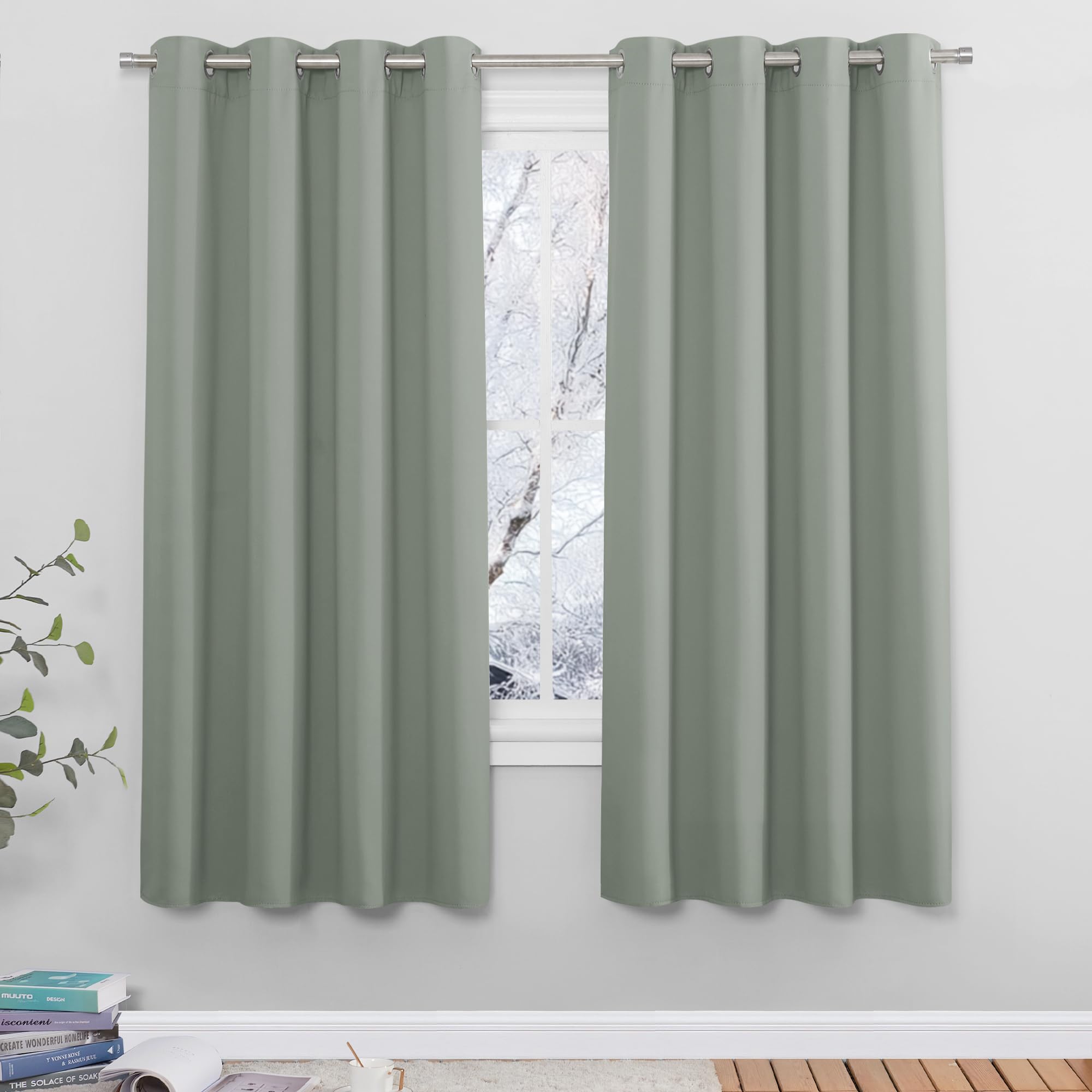 PONY DANCE Sage Green Blackout Eyelet Curtains - Thermal Insulated & Sunlight Blocking, Energy Saving & Room Darkening Curtains for Bedroom, Window Treatment Privacy Protection Drapes, 46 x 72, 2 Pcs