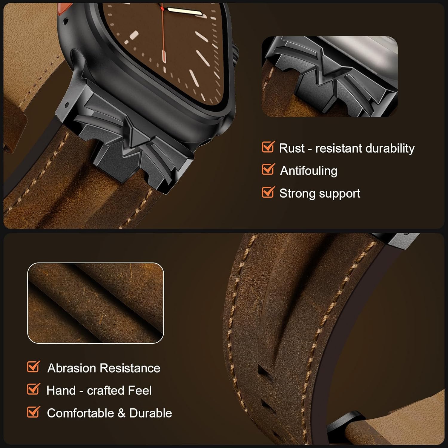 DABAOZA Leather Band Compatible for Apple Watch Ultra 3 Band 49mm 46mm 45mm 44mm for Men Women, Premium Leather Rugged Matel Replacement Strap for iWatch Ultra 2 SE Series 11 10 9 8 7 6 5 4 - Image 3