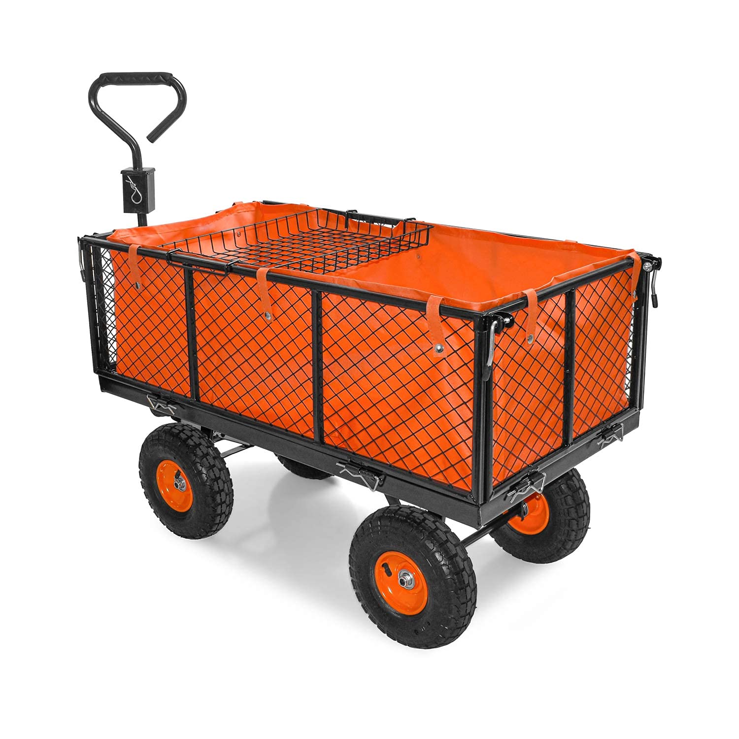 BOUDECH® Carrello da giardino porta attrezzi con rimorchio a spinta in metallo inossidabile, telone impermeabile e griglia - Carriola da giardino a 4 ruote (550Kg)