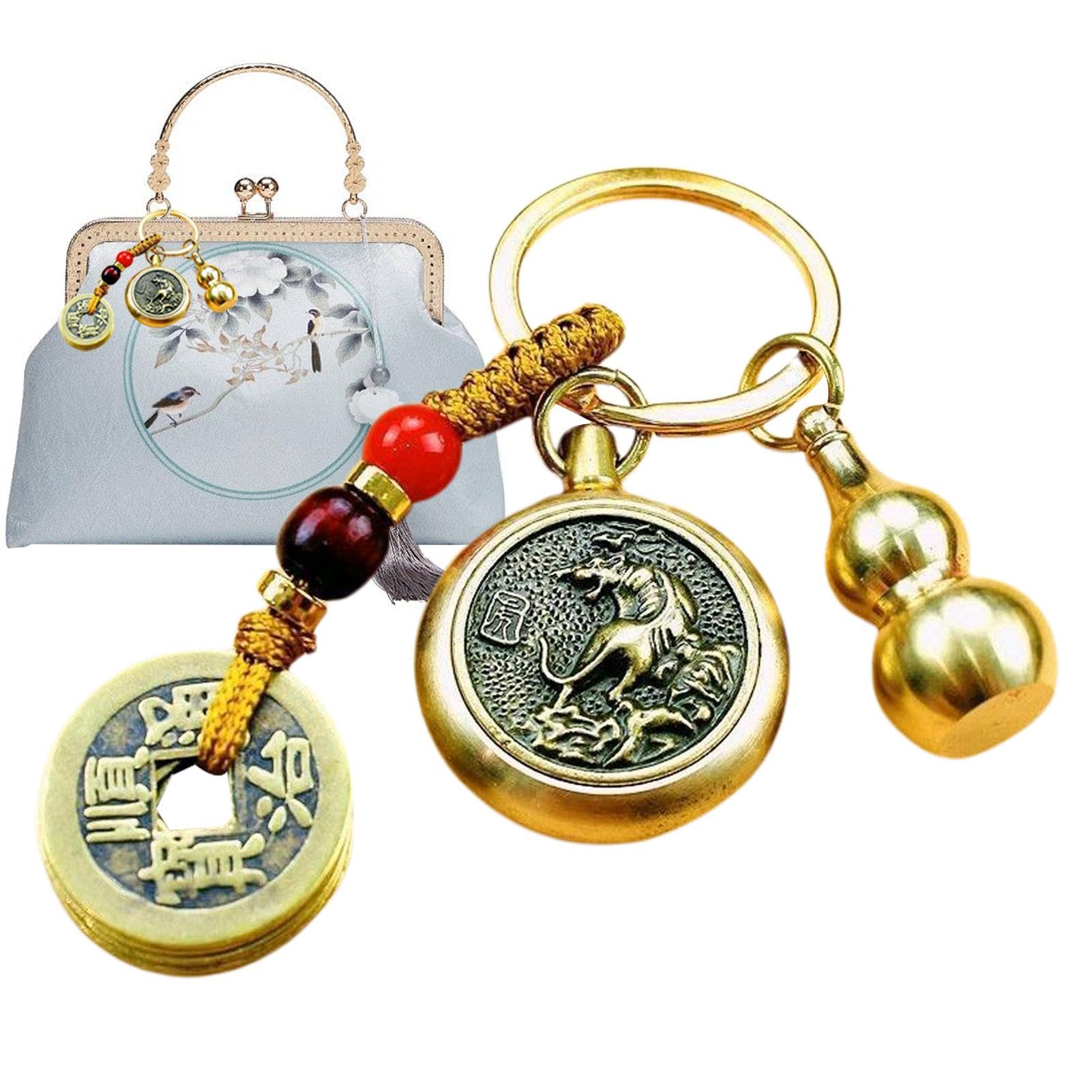 Dirfuny Chinese Feng Shui Keychain Gourd Car Keychains with Lucky Coin Lucky Keyring for Good Luck