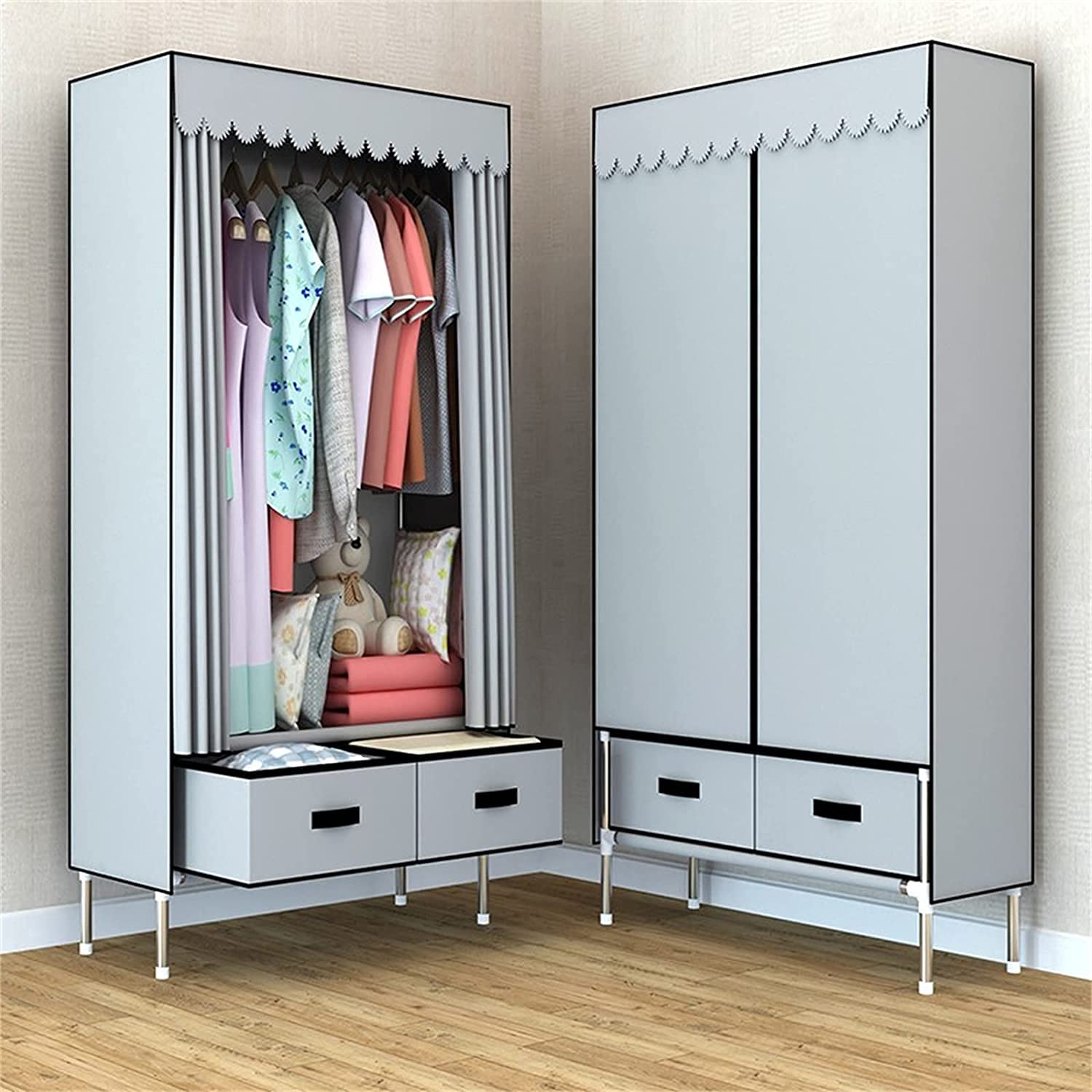 EsEntL Armario portátil Armario de Tela Armario Individual, Armario de Metal para Dormitorio, Suspensión, Riel para Ropa, Caja de Almacenamiento con ensamblaje de cajones Armario de Tela Gris, 168