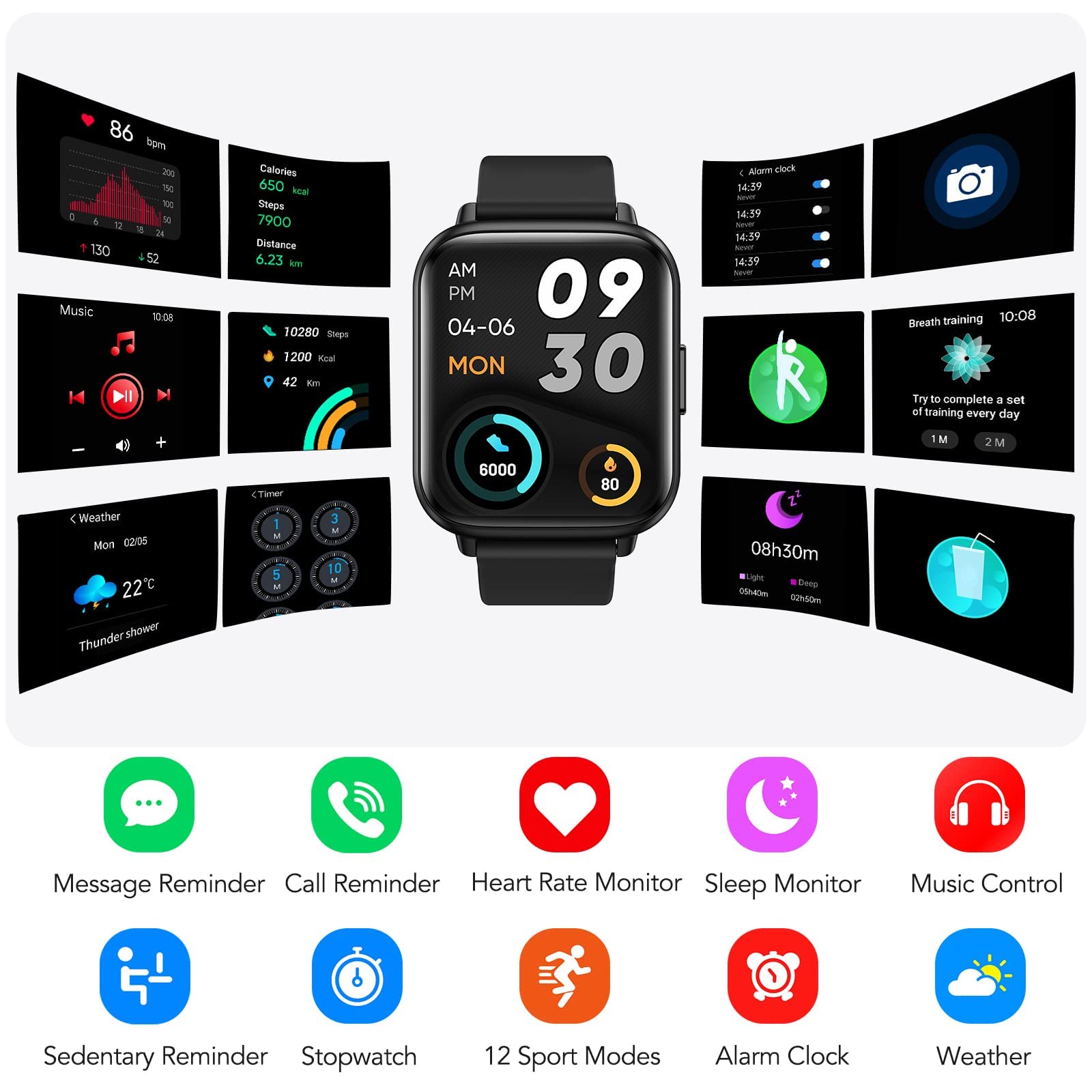 Parsonver Reloj Inteligente Hombre, 1.69" HD Smartwatch Deporte Impermeable IP68 Tracker Fitness con Monitor de Frecuencia Cardíaca Cronómetro Podómetro Calorías Pulsera Inteligente para