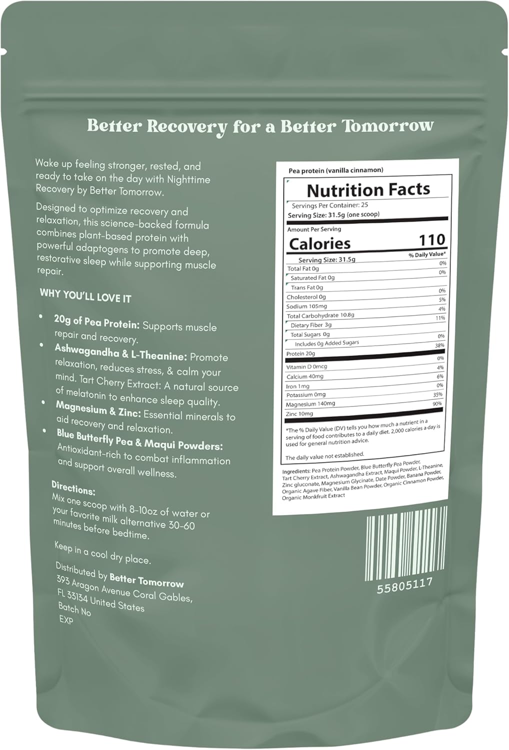 Better Tomorrow Nighttime Recovery Protein – 20g Plant-Based Pea Protein + Adaptogens | Sleep Support, Muscle Recovery, Stress Relief | Vegan, Dairy-Free, No Artificial Sweeteners - Image 7
