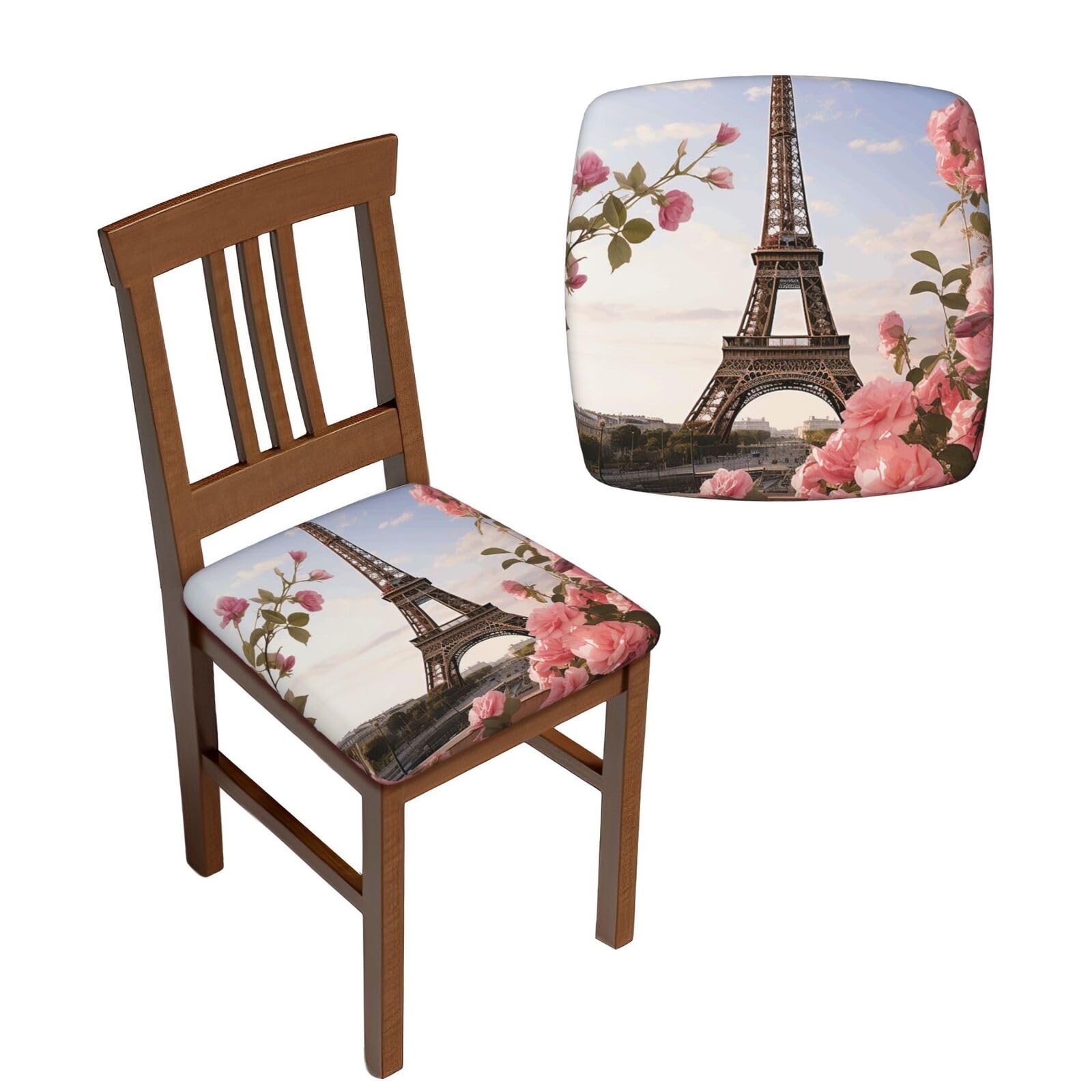 FodPand 4PCS Dining Chair Covers for Dining Room Eiffel Tower Spring Flowers Chair Seat Cover Stretch Parsons Chair Slipcover Removable Washable Seat Cushion Slipcovers Cover for Kitchen Office