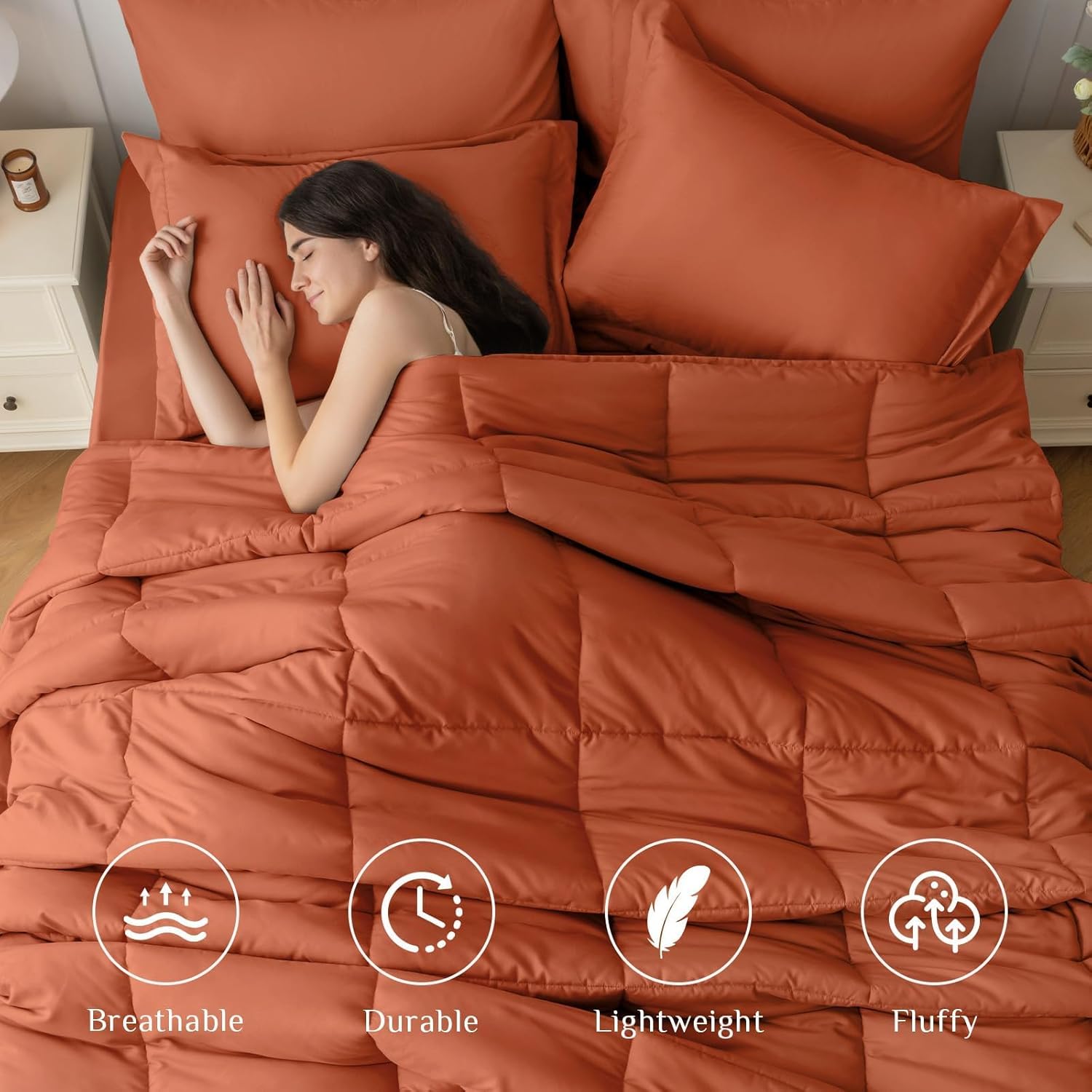 JOLLYVOGUE Queen Comforter Set, Ultra-Soft Bed in a Bag Queen Size 7 Pieces, Oeko-TEX Certified Bedding Set with Down Alternative Comforter, Sheets, Pillowcases & Shams, Burnt Orange - Image 2