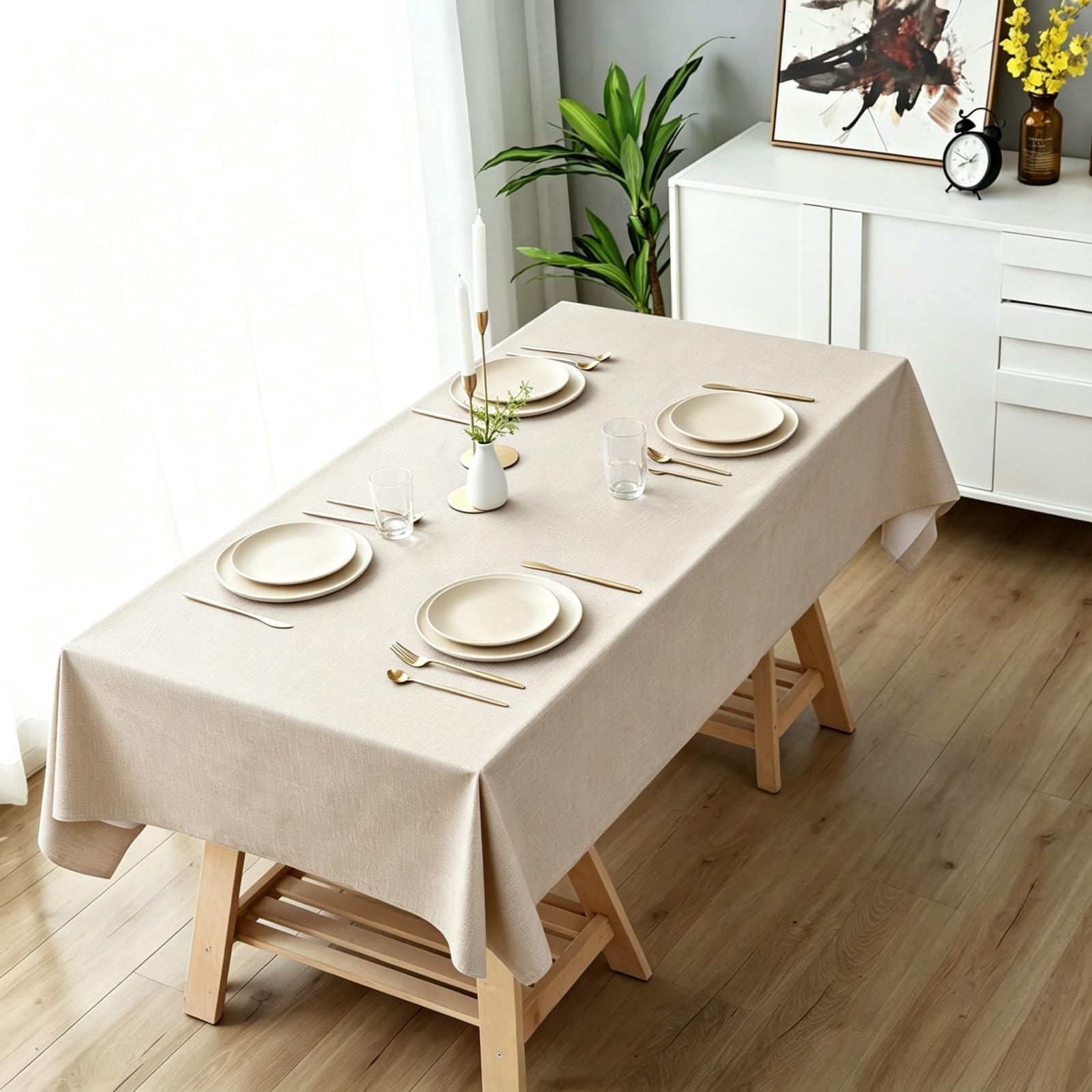 Mantel Rectangular Antimanchas 140 x 245 cm Lavable, Impermeable Efecto Lino Mantel Color y Tamaño a Elegir para Fiesta, Boda, Catering, Blanquecino