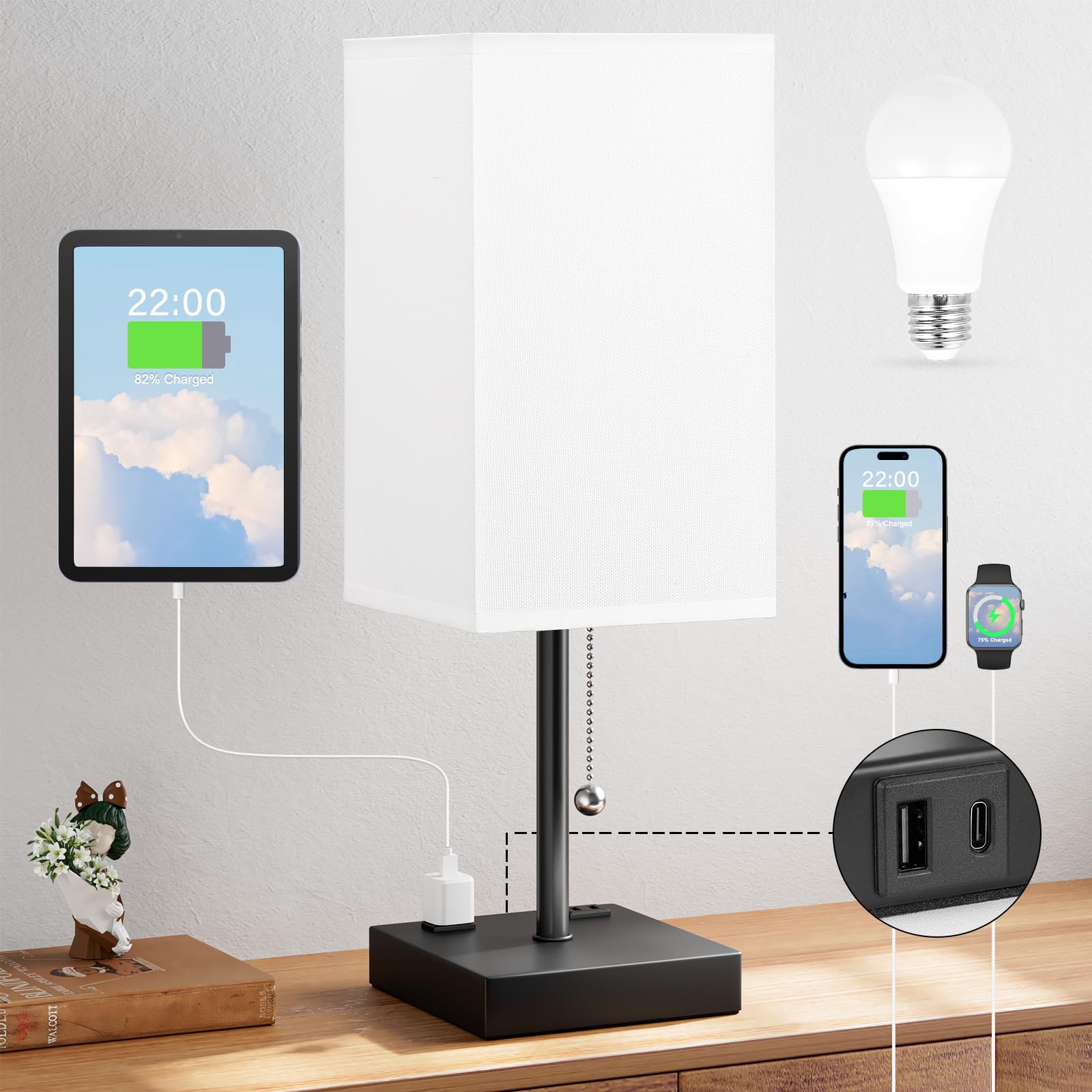 Bedside Table Lamp - White, 3 Color Temperatures, USB A and USB C Charging, 2 AC Outles, Pull Chain Control, Bulb Included, Medium