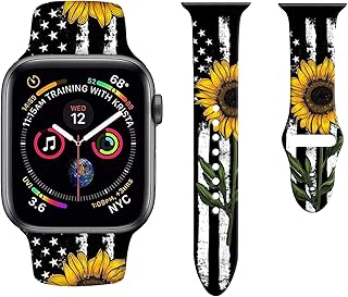 Montagnes Sunflower America Flag Watch Bands Compatible with Apple Watch 38mm/40mm/41mm, Adjustable Sunflowers US Flag Wristbands Soft Silicone Replacement Strap for iWatch Series 7 6 5 4 3 2 1 SE