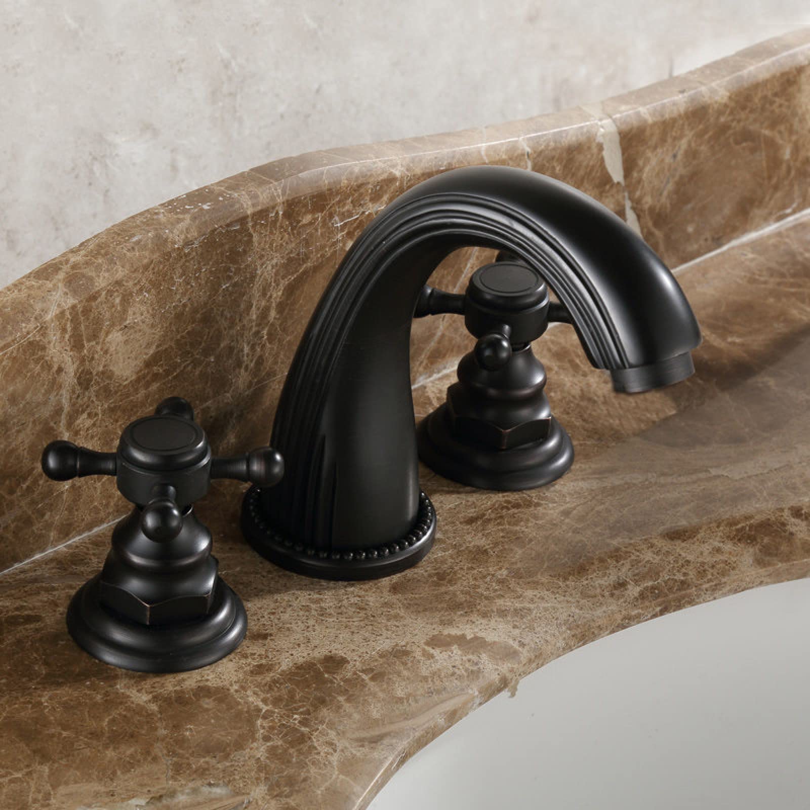 Grifo de lavabo antiguo negro de cobre con doble manecilla de tres piezas para baño exclusivo 7