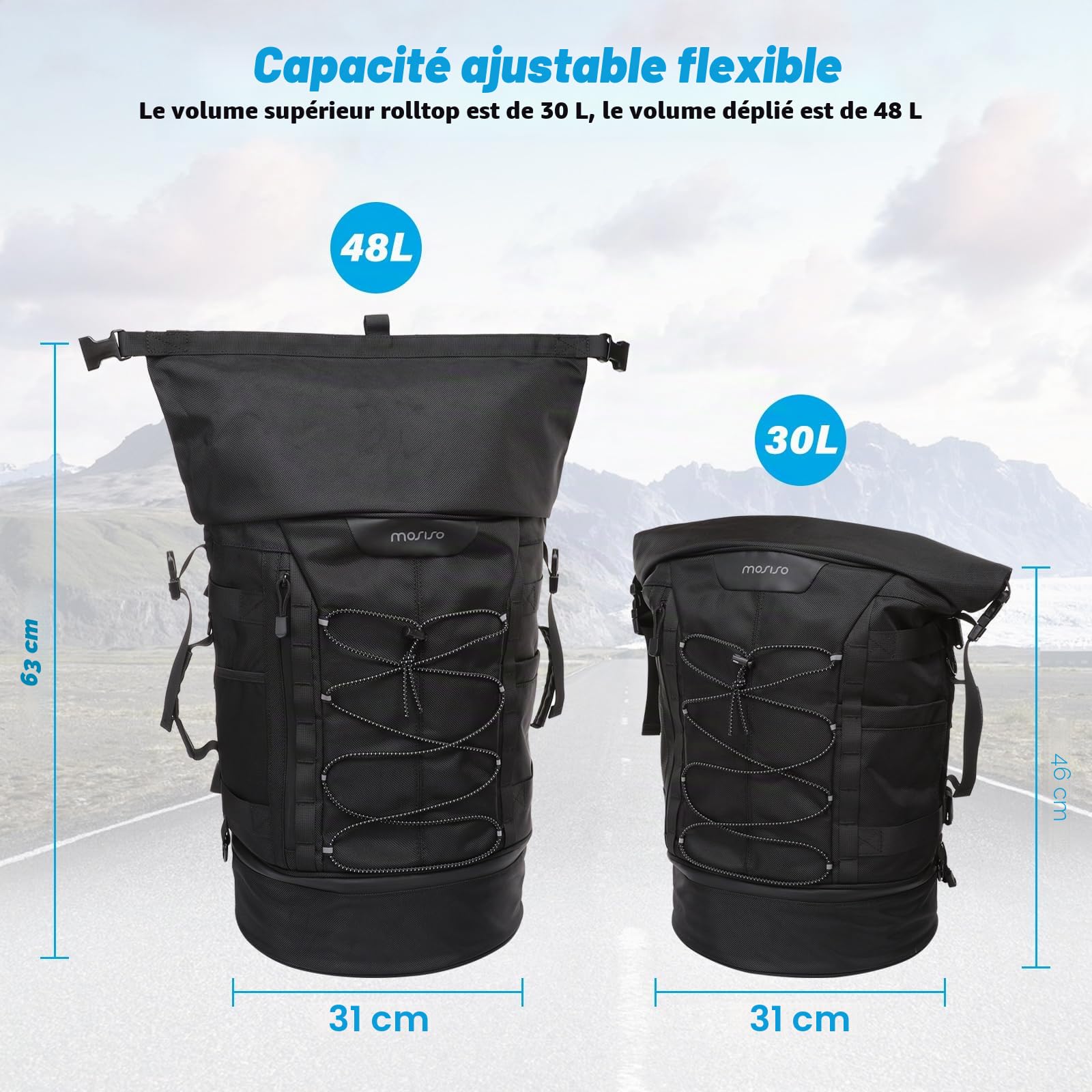 MOSISO Sacoche Arrière de Moto Bagages de Voyage, Grande Capacité Valise Duffel Extensible 30L-48L, Sac pour Équipement de Moto avec Housse Pluie & Ceinture d'Épaule,Noir