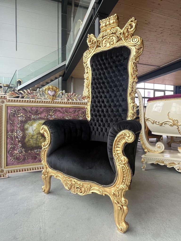 CasAmin Home & Living Sillón gigante con corona dorada, trono de terciopelo negro con mechones de pelo en estilo barroco con acabado dorado para decoración comercial como decoración de fiestas y