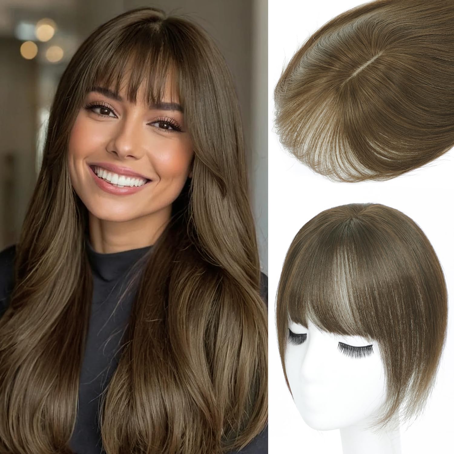 Hair Toppers for Women Real Human Hair, 360° 3D Cover Wispy Bangs Hair Pieces for Women (8C#, 3 Clips)