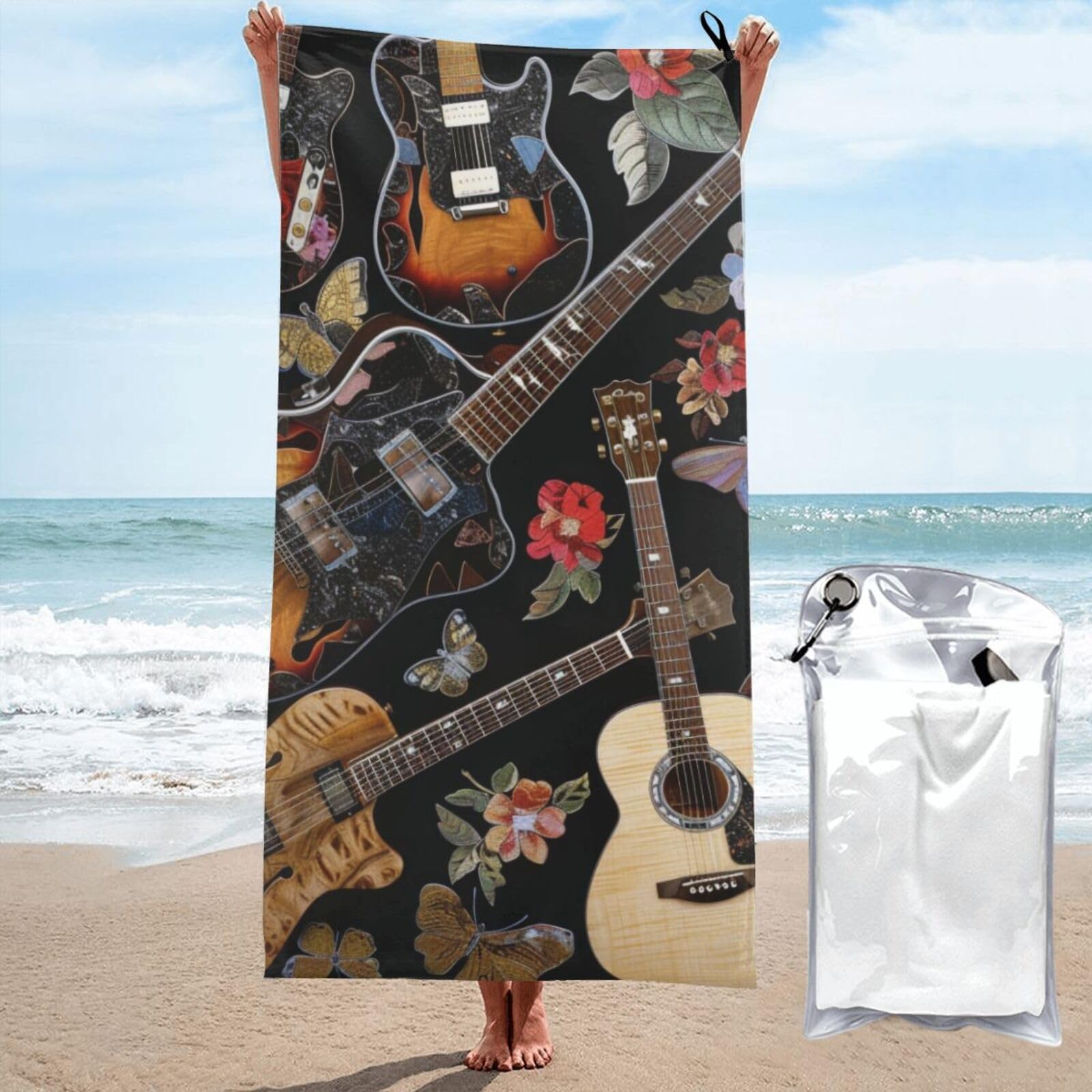 kkvhhyuo Microfiber Beach Towel, Guitars Printed Lightweight Quick Dry Travel Bath Sheet with Compact Carry Bag for Swimming Yoga Camping Gym,27.5"x55"