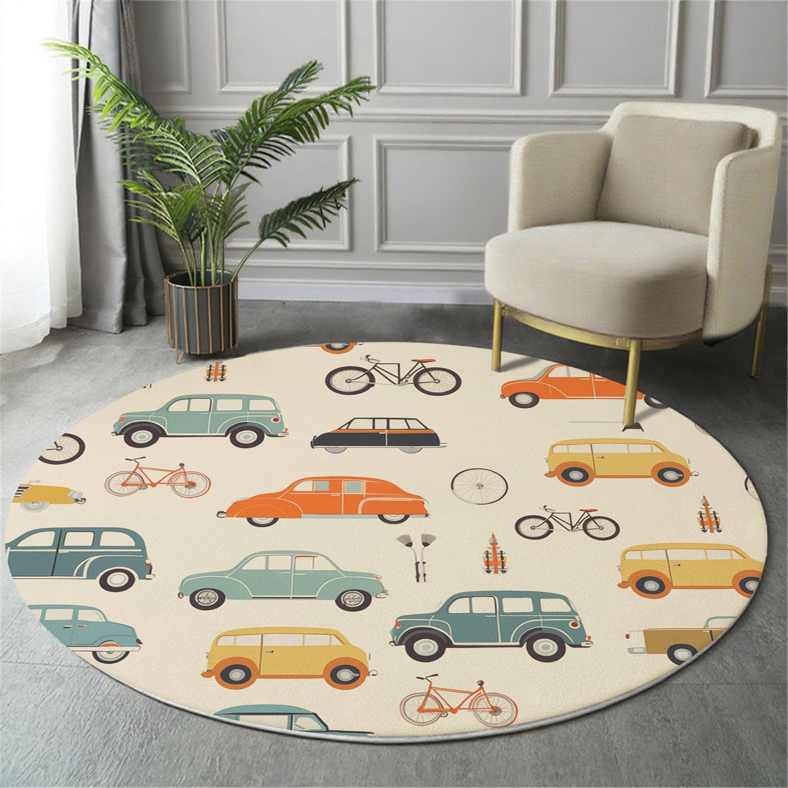 Teppich Rund Ø 120cm, Weich Flauschiger rutschfest Senfgelb Teppich, Waschbar Autos Fahrräder Bedruckter Retro Kindlicher Stil Runder Teppiche, für Wohnzimmer Schlafzimmer Kinderzimmer