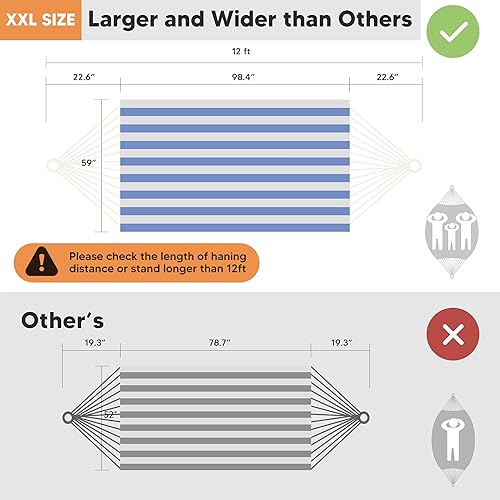 Miniatura 5 de SUNCREAT Hamacas grandes para exterior, hamaca larga de repuesto para dos personas para soporte, rayas azules y blancas