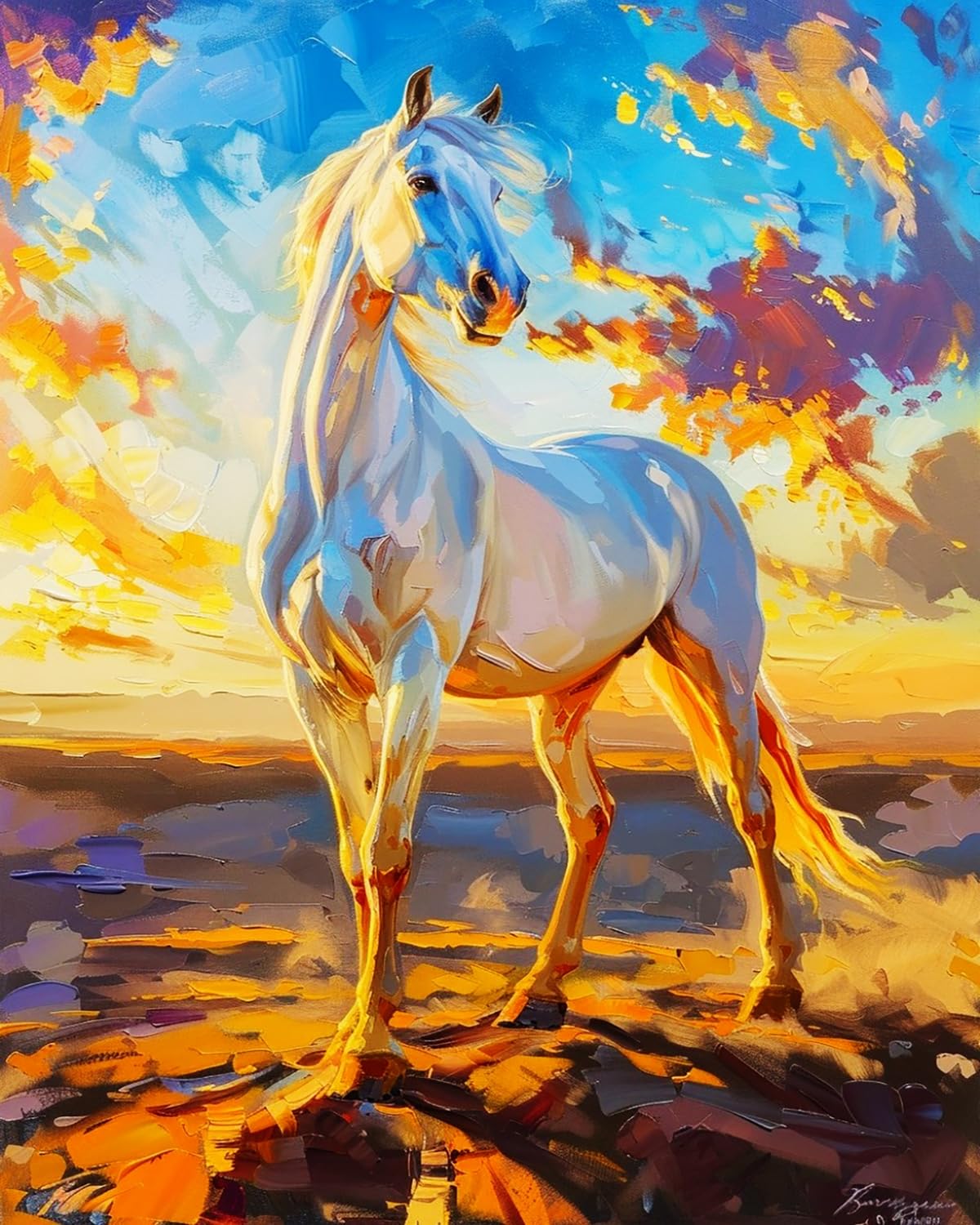 LIUBAISHI Paint by Numbers for Adults – 16"x20" Canvas | Wall Art Decor for Living Room, Stress Relief Hobby Kit, Complete Set with Paints and Brushes-Sunset White Horse