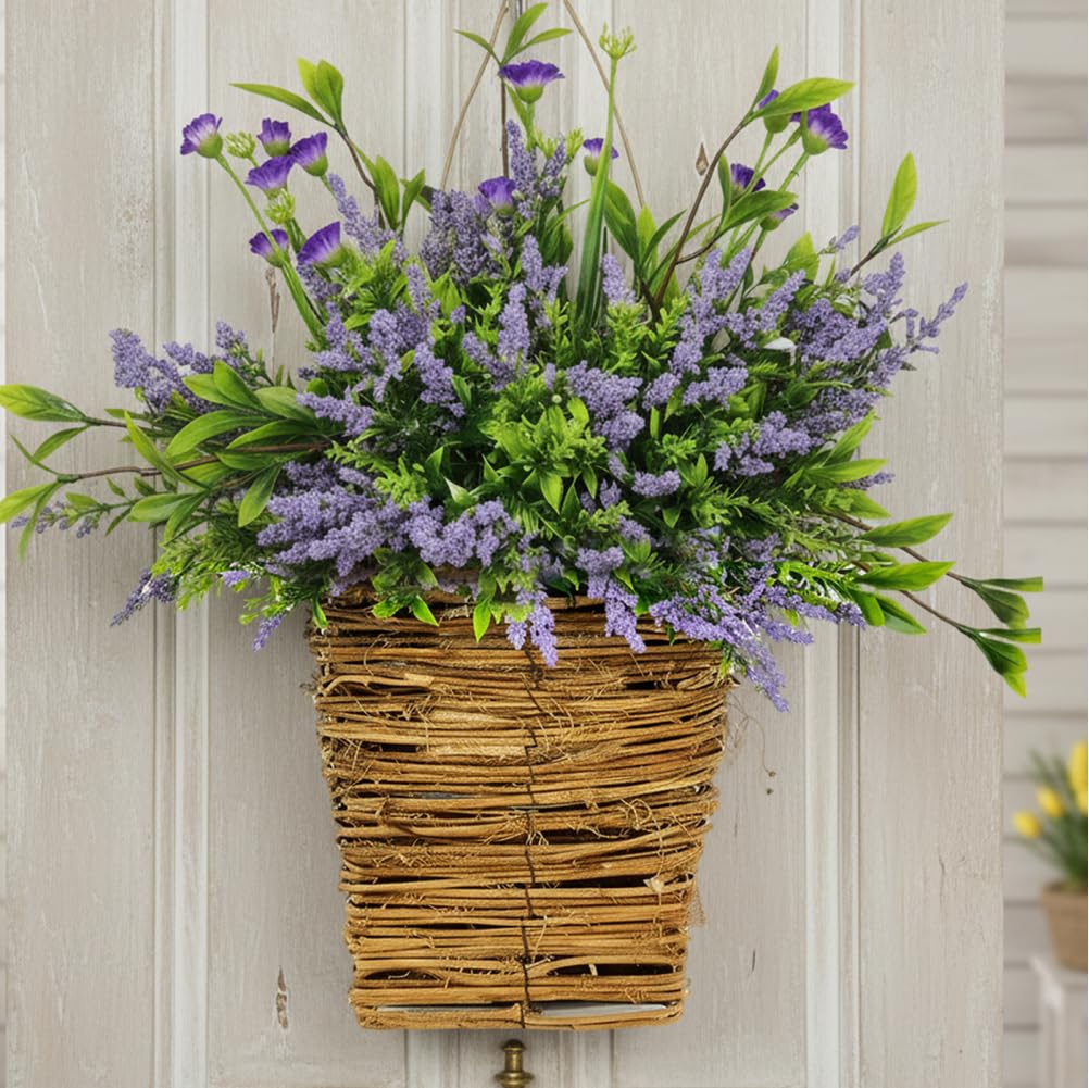 Faticenic Purple Hanging Basket For Front Door - Spring Summer Wreath With Burlap Bow, Victorian Style Porch Decor, Front Door Basket Welcome Sign, Pet Decors