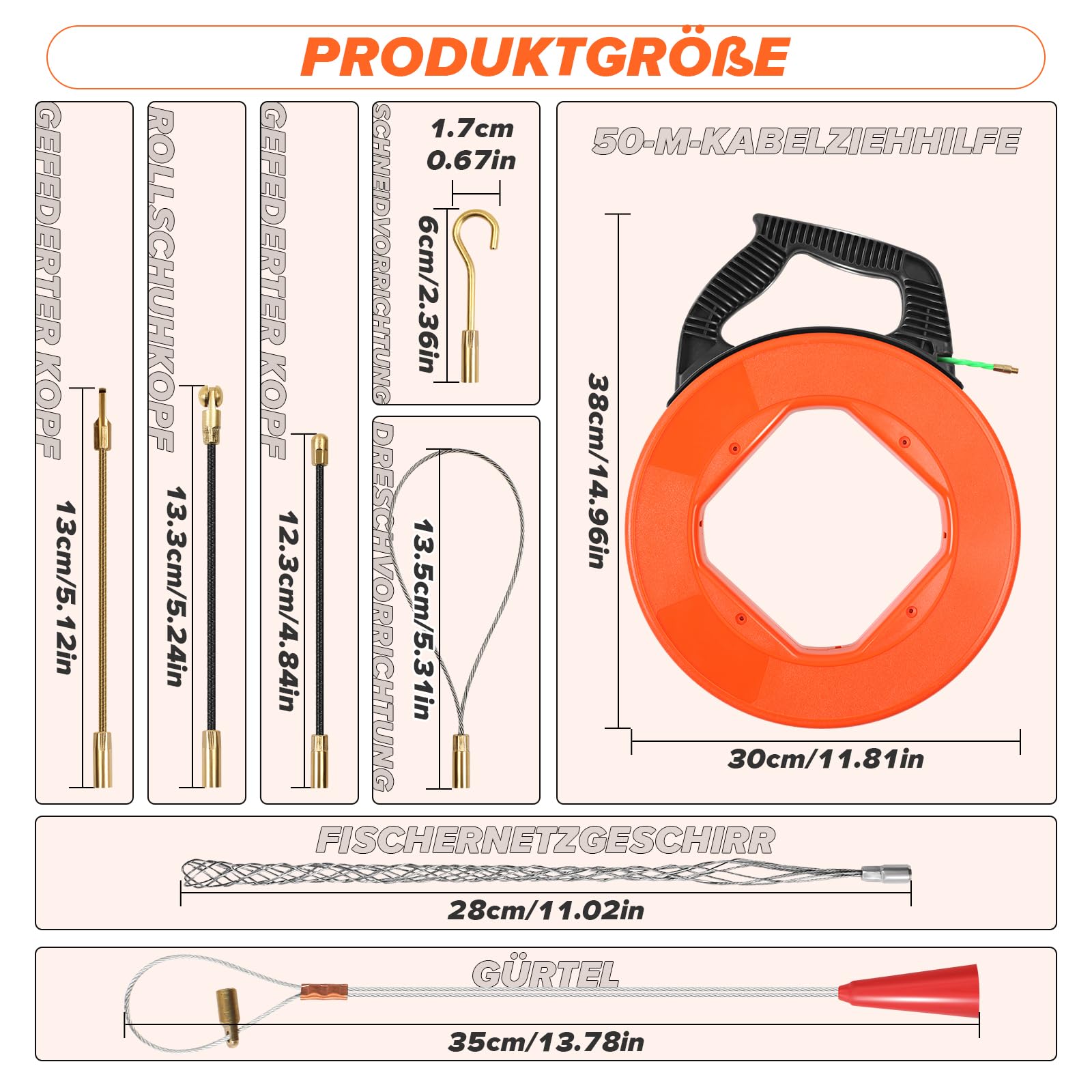 Kabeleinziehband 50 Meter 4,5mm Mit 7 FüHrungs federn Fiberglas Kabel Bandspulen Reel Puller Abziehvorrichtung Glasfaser Kabeleinziehgerät Kabel Werkzeug Elektriker Werkzeuge