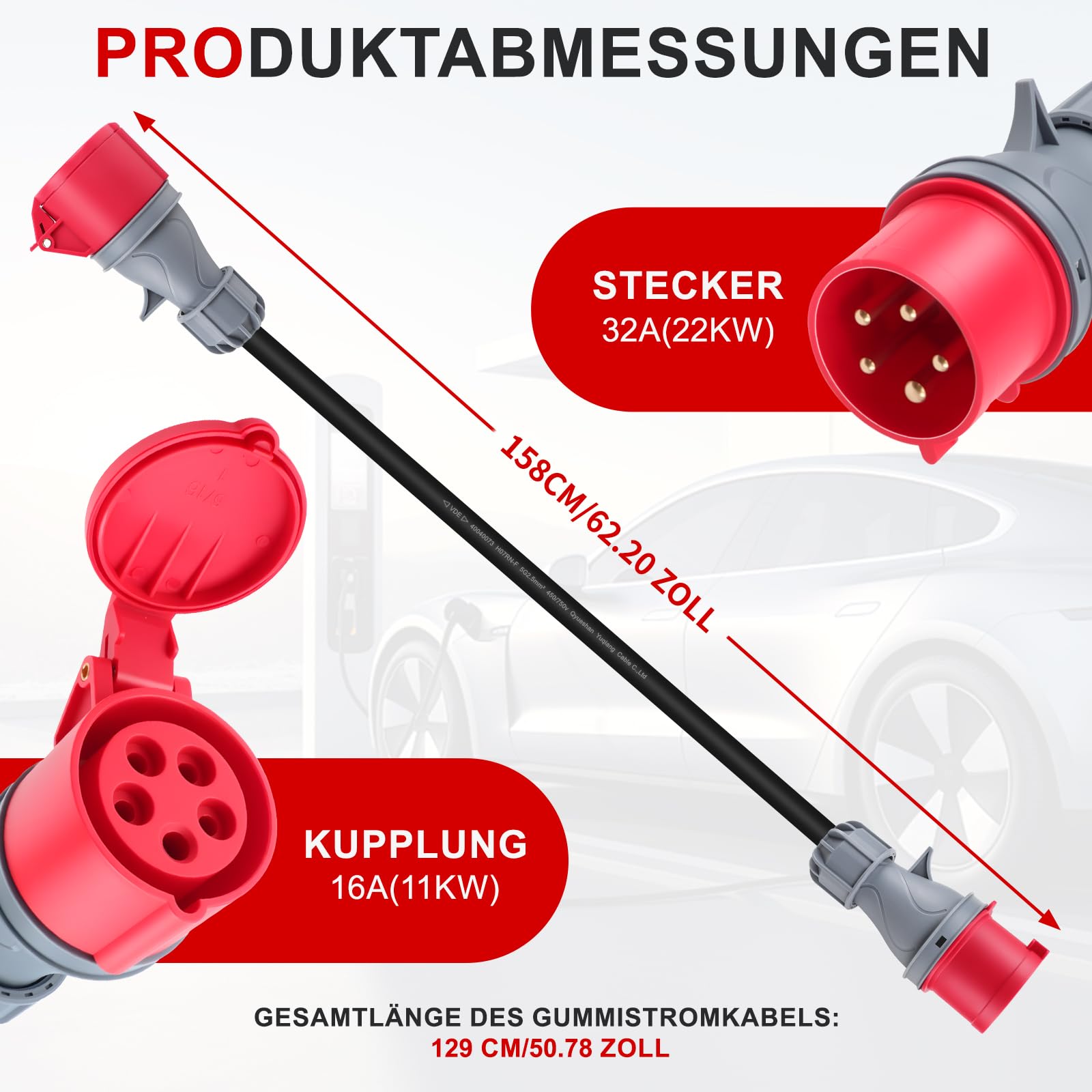 CEE Adapter 32A auf 16A Kupplung, 1.5Meter Verlängerungskabel, 5-Polig Adapter 32A auf 16A, Starkstrom Adapter, 400V, Tragbar, Schutzart IP44