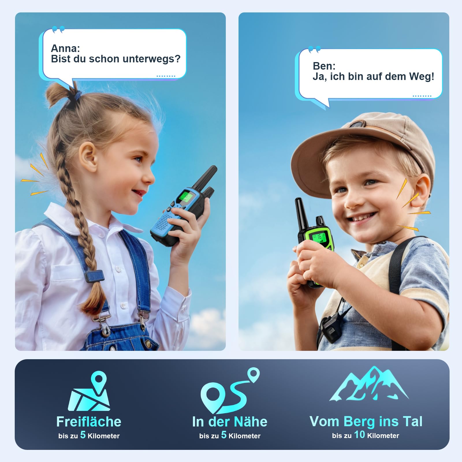 Walkie Talkie Kinder 4er Set, Walky Talky mit 1200mAh Aufladbar Akku, Große Reichweite 5km Walki Talki mit Li-ion Akku, Funkgeräte mit 16 Kanäle für Camping, Freien, Wandern