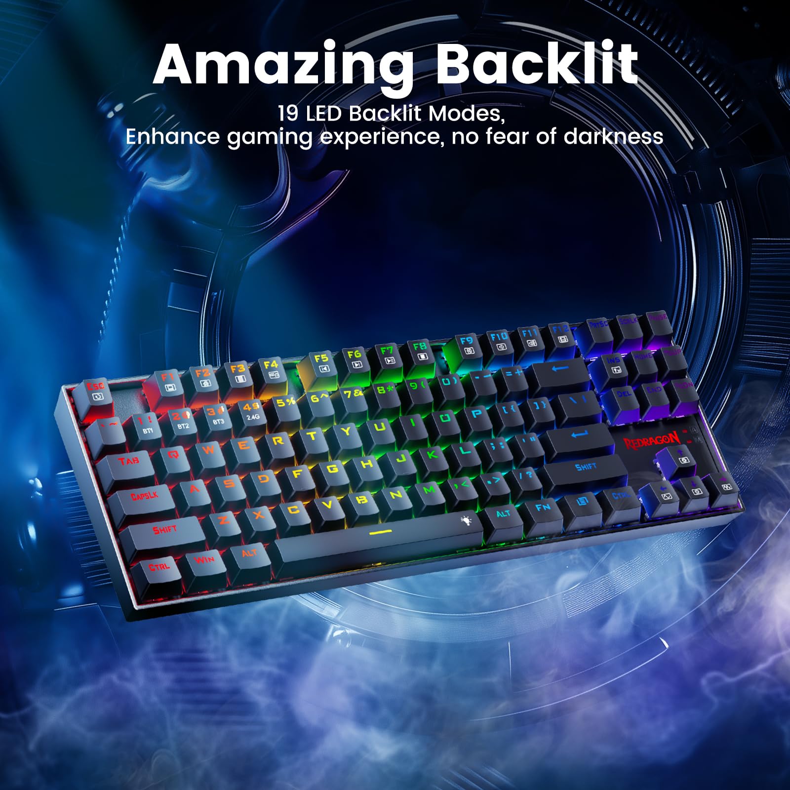 Redragon Wireless Gaming Keyboard, BT/2.4Ghz Tri-Mode Mechanical Keyboard, buit-in Battery, Programmable 87 Keys TKL, LED Rainbow Backlit - K552-KRS view 2