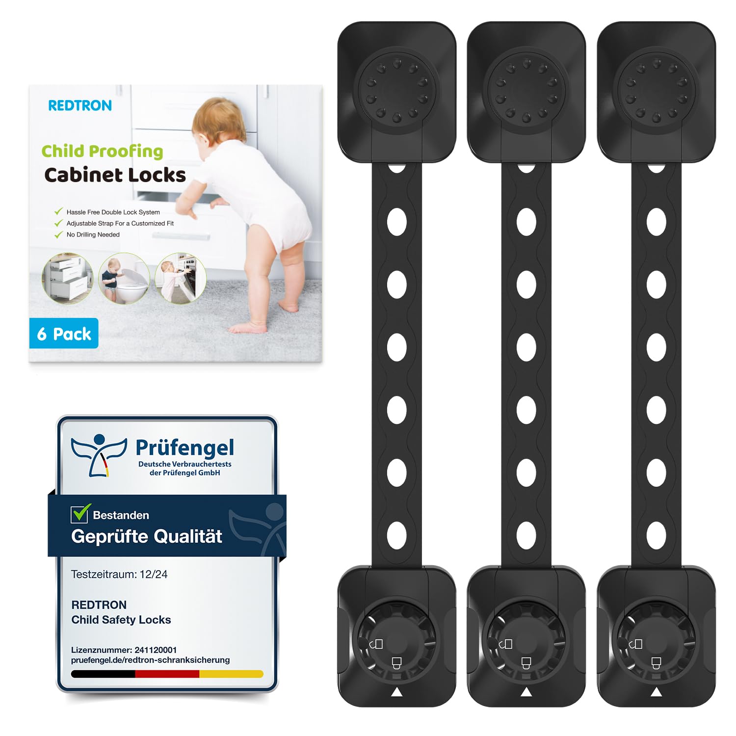 REDTRON Cerraduras de Seguridad para Niños, 6Pcs Bloqueo de Seguridad con Adhesivo de 3M, Cerraduras a Prueba de Bebé para Gabinetes, Cajones, Neveras(Negro, No se necesita usar taladros)