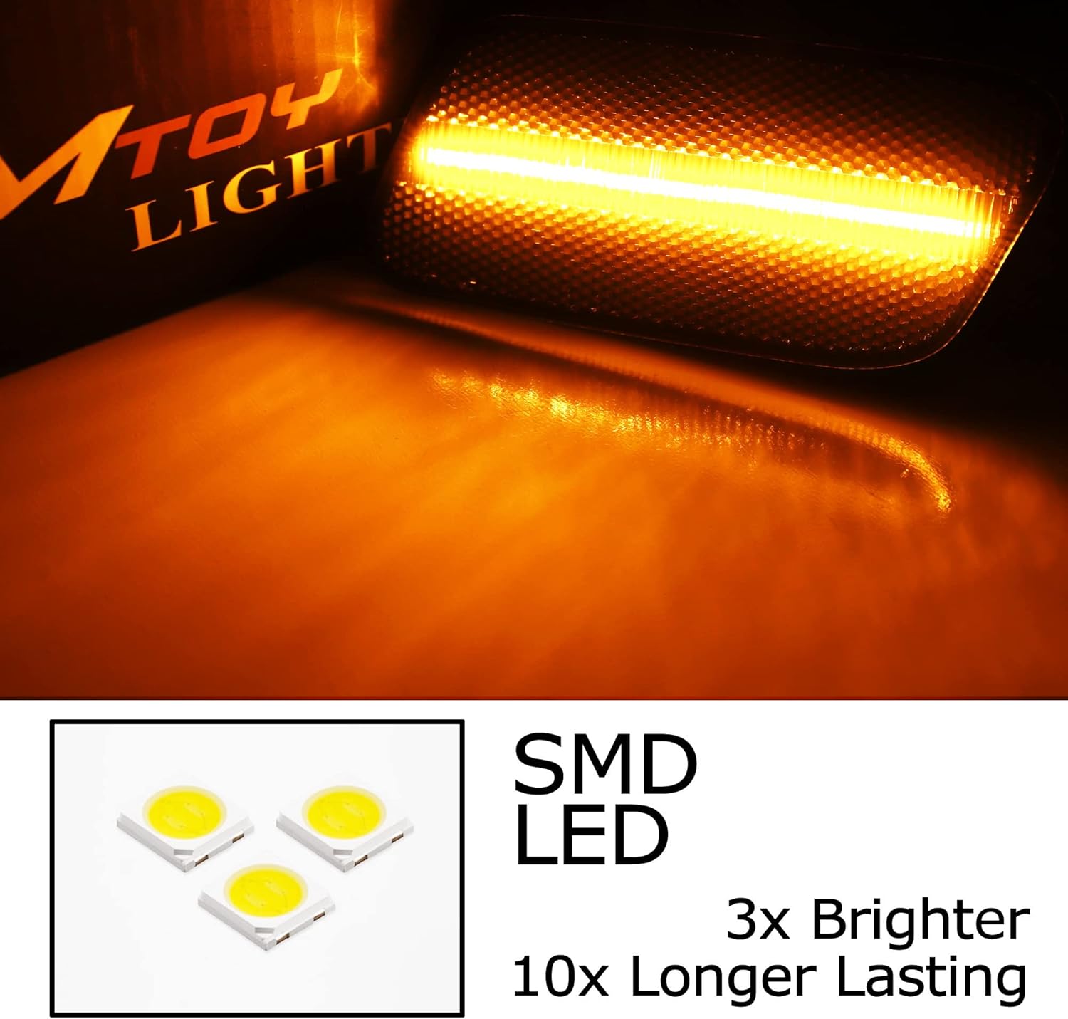 iJDMTOY Smoked Lens Amber Full LED Strip Front Side Marker Light Assembly Compatible With 1996-2002 Mercedes W210 E-Class, Powered by 40-SMD LED, Replace OEM Amber Sidemarker Lamps