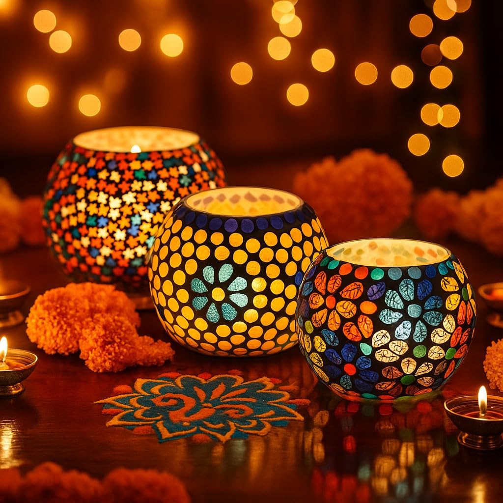 Sponsored Ad - Brahmz Set of 3 Tealight Candle Holders | Beautiful Glass Mosaic Design | Ideal for Diwali, Christmas & Home Decor Gifting