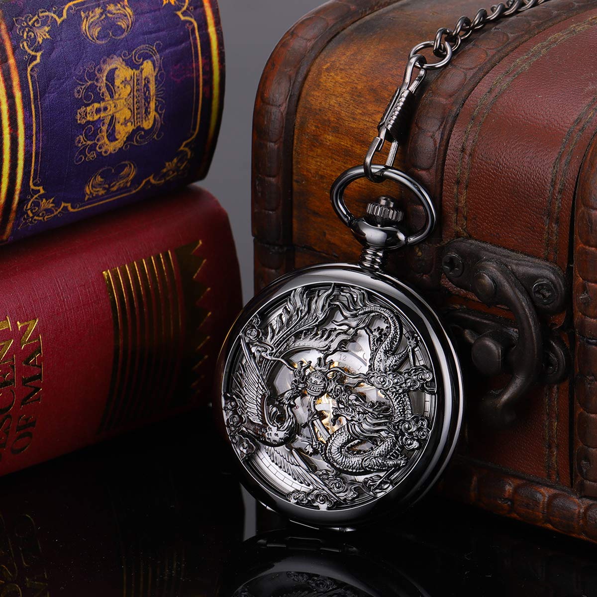 ManChDa Antike, mechanische Taschenuhr, Glück, Drache & Phoenix (Beste Wünsche), Skelett-Zifferblatt mit Kette für Männer und Frauen + Box