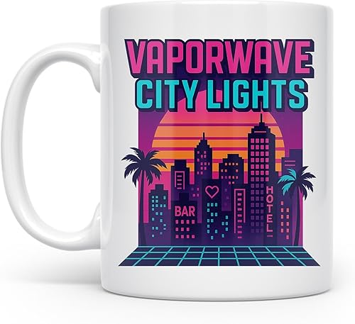 Synthwave Neon Skyline - Retro Vibes - 11 oz White Ceramic Coffee Mug - 80s Inspired Design
