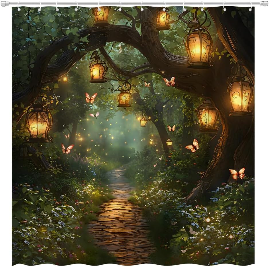 Fantasy Forest Shower Curtain Fairytale Jungle Magical Enchanted Misty Wonderland Floral Tree Butterfly Lantern Nature Plant Bath Curtain Fabric Bathroom Accessories Decor with Hooks