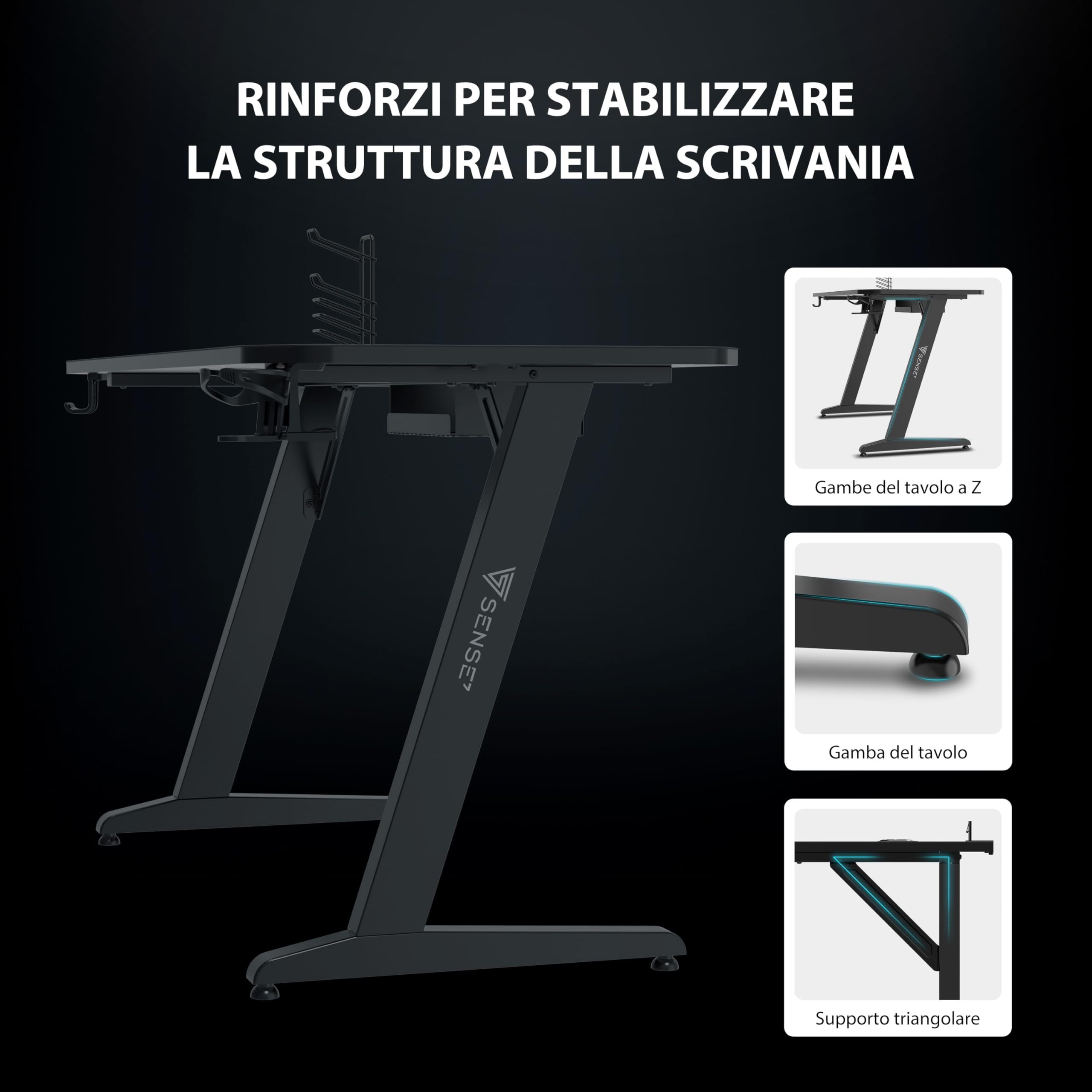 SENSE7 Scrivania Nomad Classic, tavolo gaming 140x60 con gancio per cuffie, porta bevande, supporto controller e superficie in fibra di carbonio, Ergonomico e ideale per il gaming