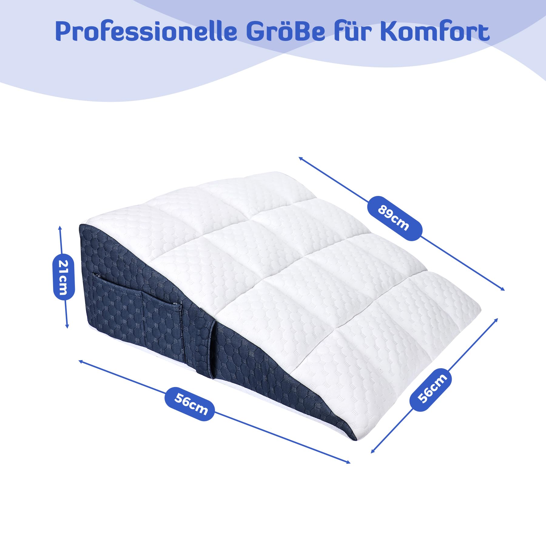 INFANZIA Vielseitig Keilkissen 21cm Erhöhung für Bett und Sofa, Dreieckskissen aus Hochdichteschaum, Ergonomischer Bettkeil für Reflux Schlafapnoe, Rückenstütze & Beinauflage für Lesen (Weißblau)