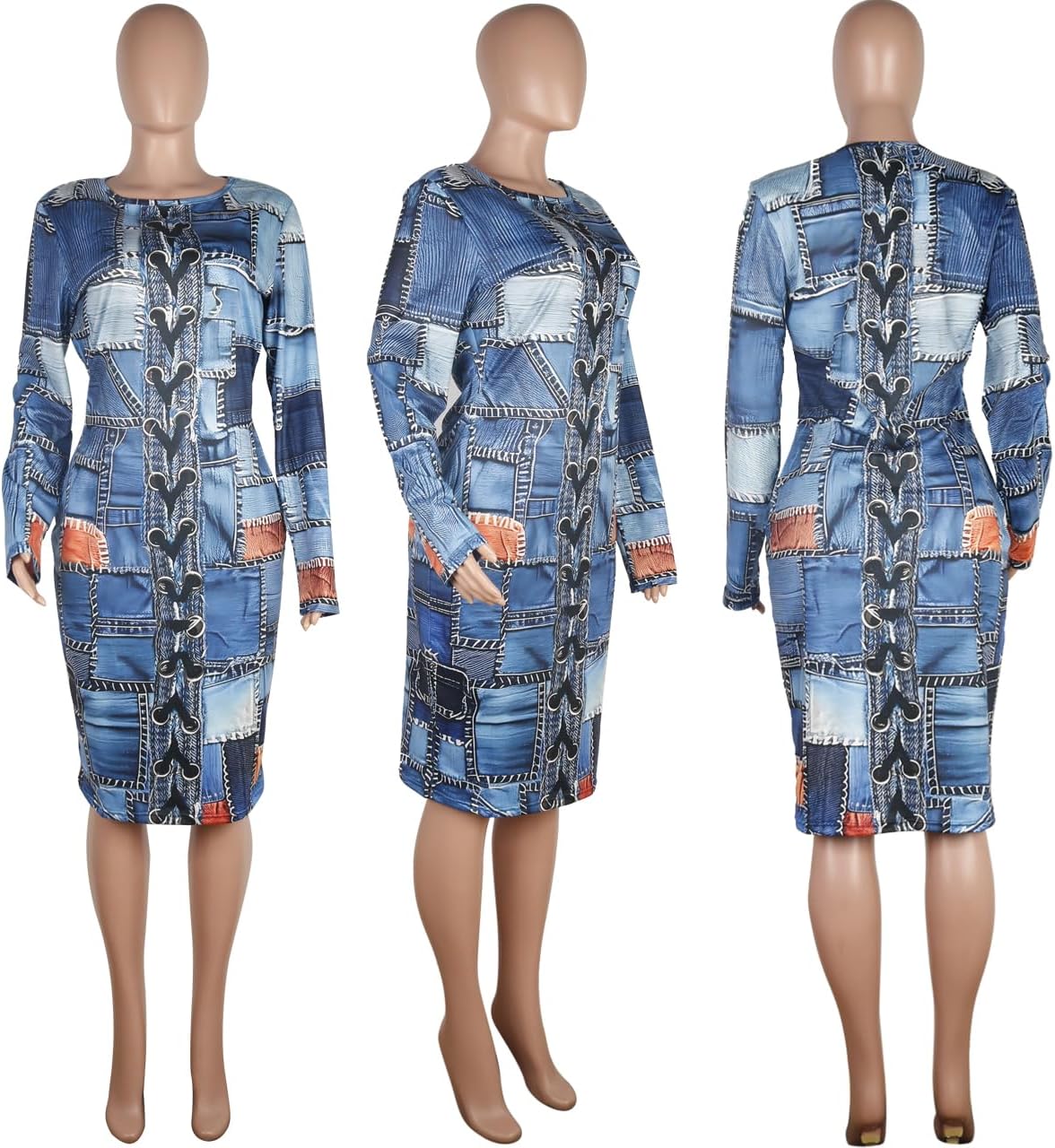 WOKANSE Women's Long Sleeve Faux Denim Printed Dress Bodycon Stretchy Midi Dresses for Party Club - Image 5