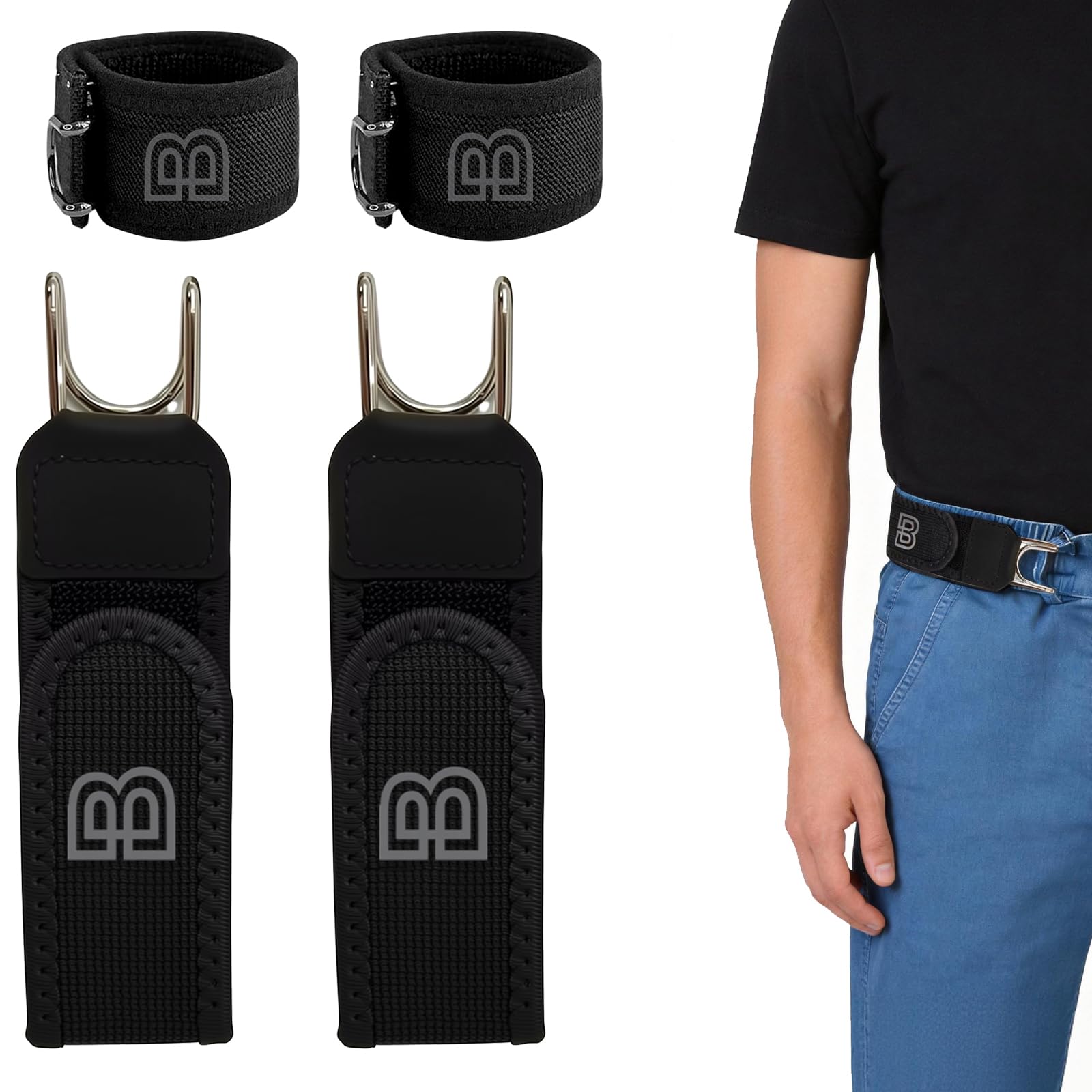 Duyige Buckleless Tactical Elastic Belt - Adjustable Metal Hook Magic Tape Invisible Waist Belt for Work, Black, One size