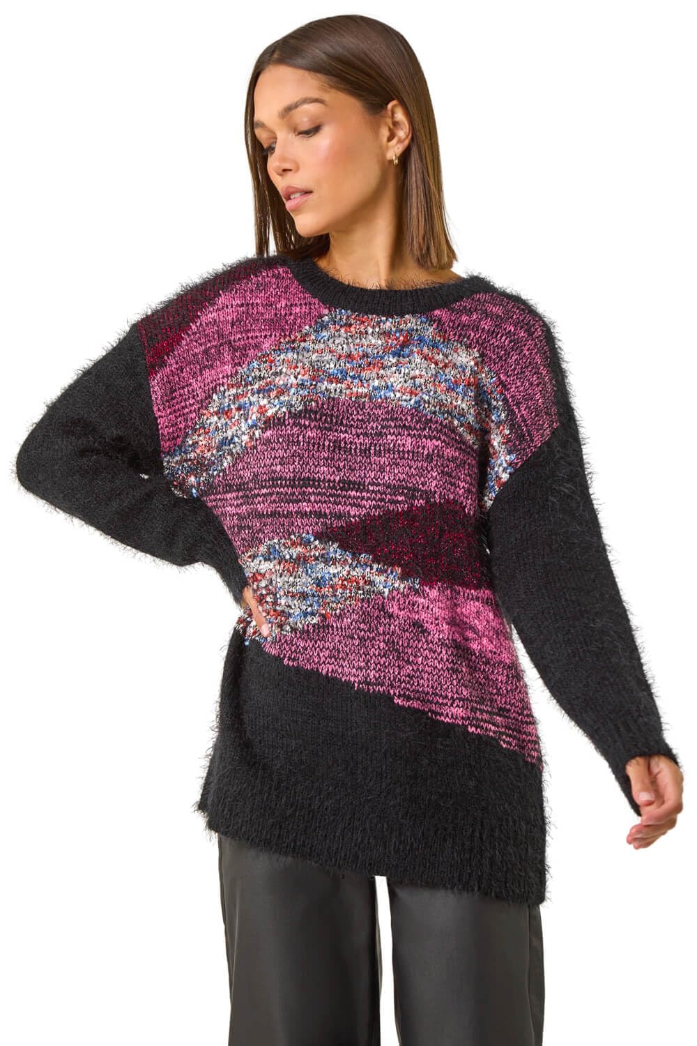 Roman Fluffy Yarn Jumper for Women UK Ladies Thick Sweater Warm Cosy Chunky Knitted Pullover Winter Furry Casual Smart Textured Everyday Cuddly Soft Knitwear - Red - Size 12