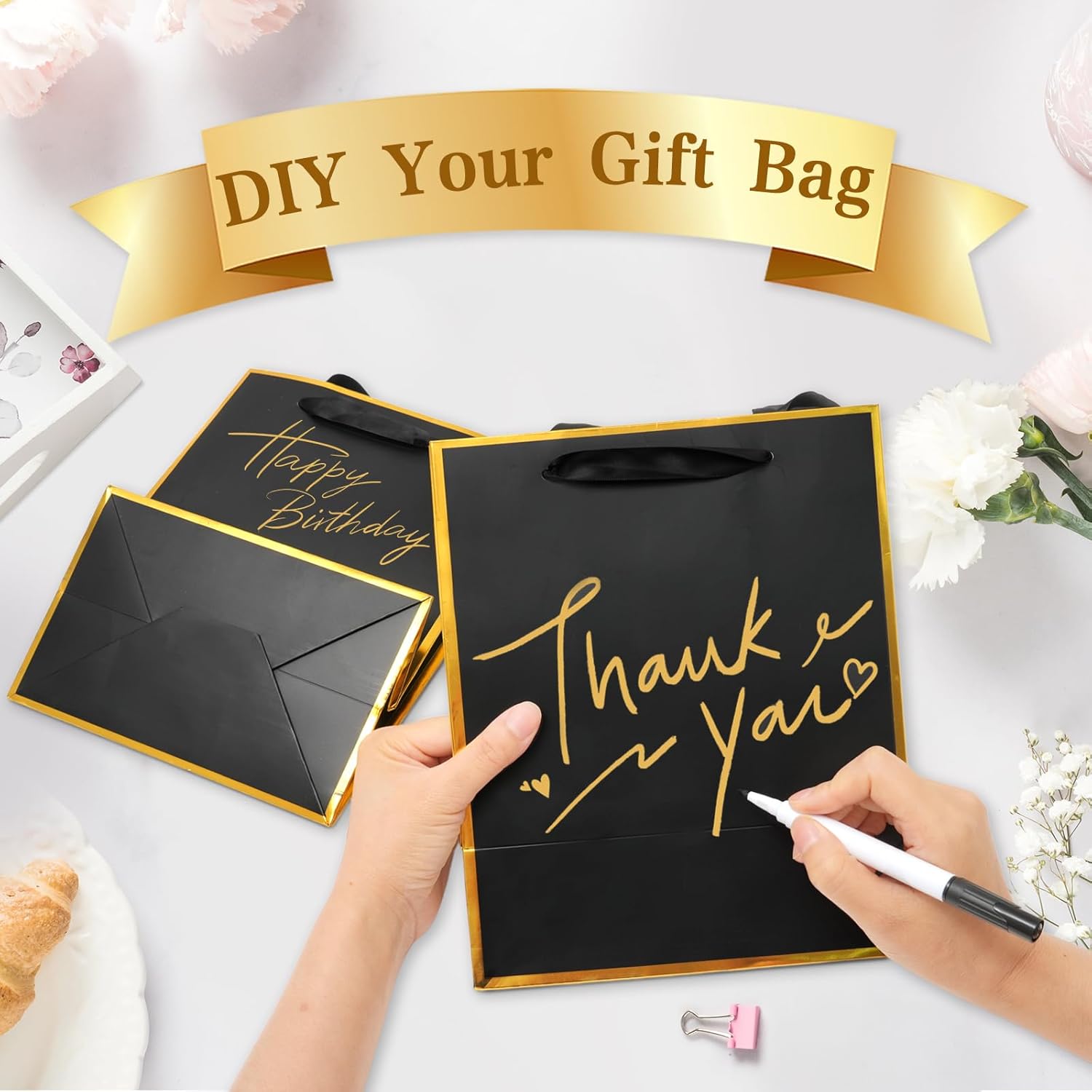 Epoesch Premium Metallic Paper Gift Bags with Handles and Tissue Paper, 8"x5"x10" Inch Dark Blue Gold Edge Welcome Gift Thank You Bags (Black Gold, 1 Count (Pack of 36))