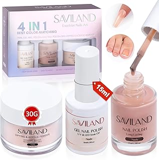 Saviland 4 In 1 Gel Nail Polish & Nail Polish & Dipping & Acrylic Powder Set- Nudes Gel Polish U V Gel Nail Polish Soak-off Nail Art Gel Polish Gel Nail Kit for Home DIY Nail Salon
