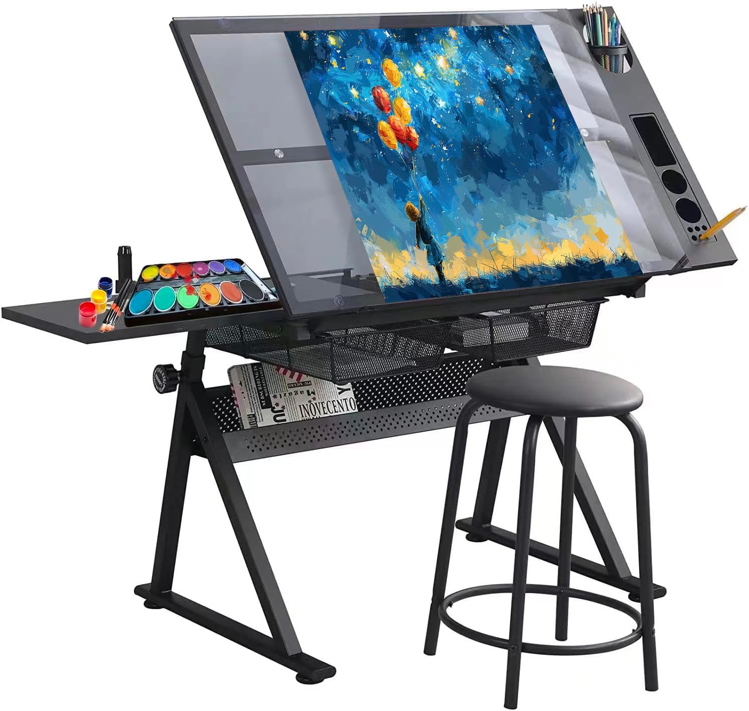 Adjustable Drawing Table for Artists | Drafting Desk with Tilted Glass Top | Art & Craft Table for Adults (Black, Classic Pro-27.16''- 35.82'' H)