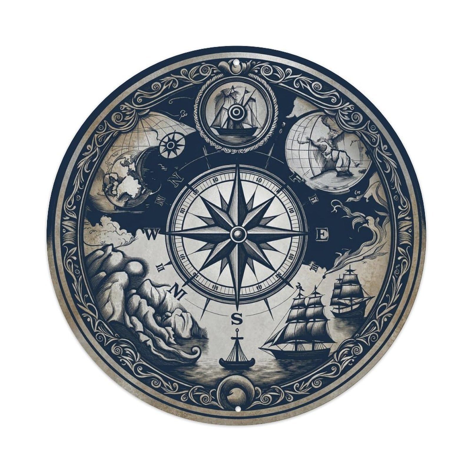 Vintage Nautical Compass World Map Longitude Path Metal Tin Sign