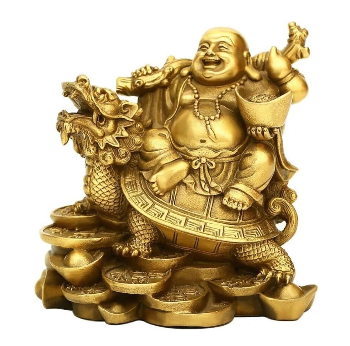 Estatuilla Buda Estatua De Buda Sonriente 4,7 Pulgadas Y Tortuga-Riqueza, Buena Fortuna Salud, Latón para Decoración del Hogar La Oficina Estatuas Decorativas