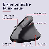 Mouse ergonomic vertical fără fir reîncărcabil Trust Yuno, 2.4GHz, negru, 70% plastic reciclat, 800-2400 DPI, RSI, PC 2
