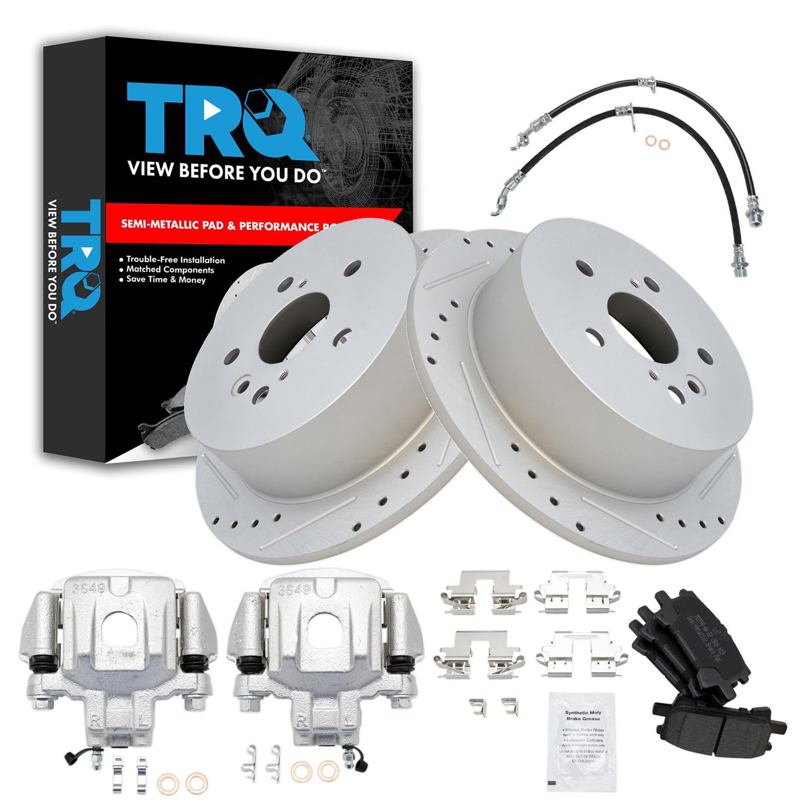 TRQ Performance Rear Brake Pad and Rotor Set Semi Metallic Slotted Drilled Coated Rotors Calipers Compatible with 2004-2007 Toyota Highlander with All Wheel Drive