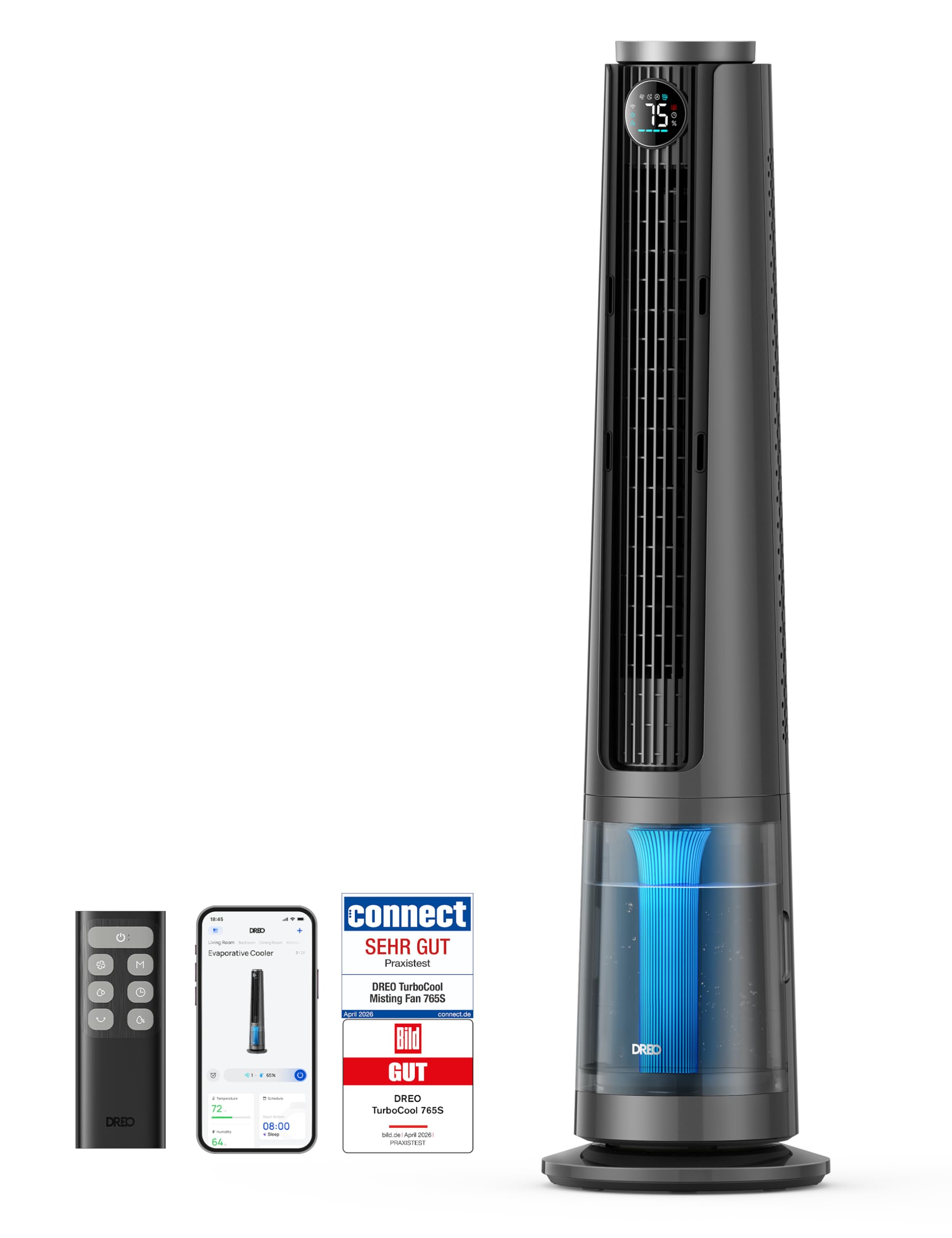 DREO TurboCool Nebelventilator 765S, 3-in-1 Turmventilator mit WLAN & App-Steuerung, 6 L Tank, 10.4 m/s, 20 dB leiser DC-Motor, 90° Oszillation