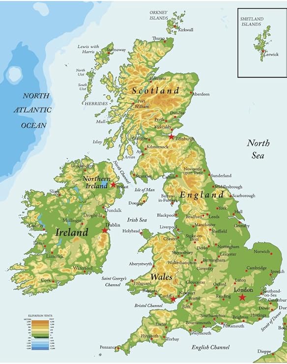 United Kingdom Ireland Scotland Topographical City Atlantic Ocean Map 