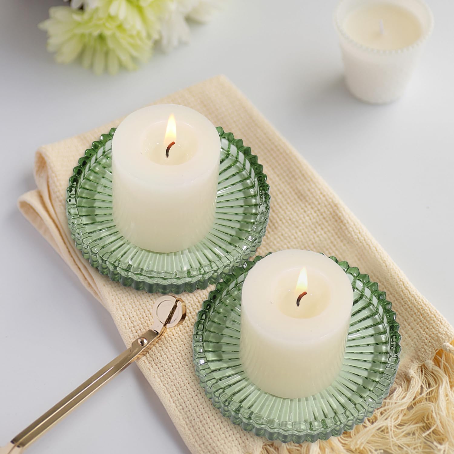 HofferRuffer 3 Pack 10cm Glass Candle Plates,Round Candle Holders for Pillar Candles Tealight Candlestick Holders,Green - Image 3
