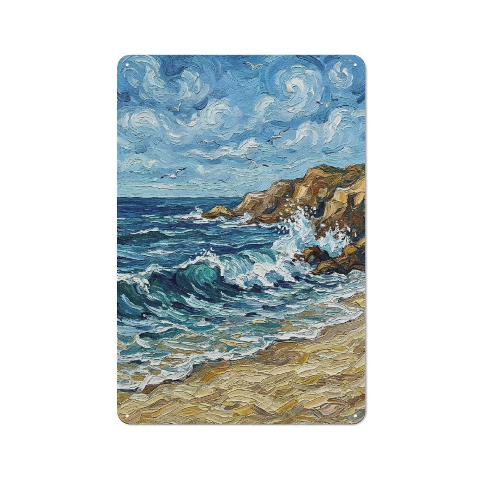 Junmoney Style-22 Metal Wall Sign 30X20cm Featuring Impressionistic Seascape With Cliffs And Birds For Pub Or Café, Housewarming Wall Decor For People Furnishing Pub And Café